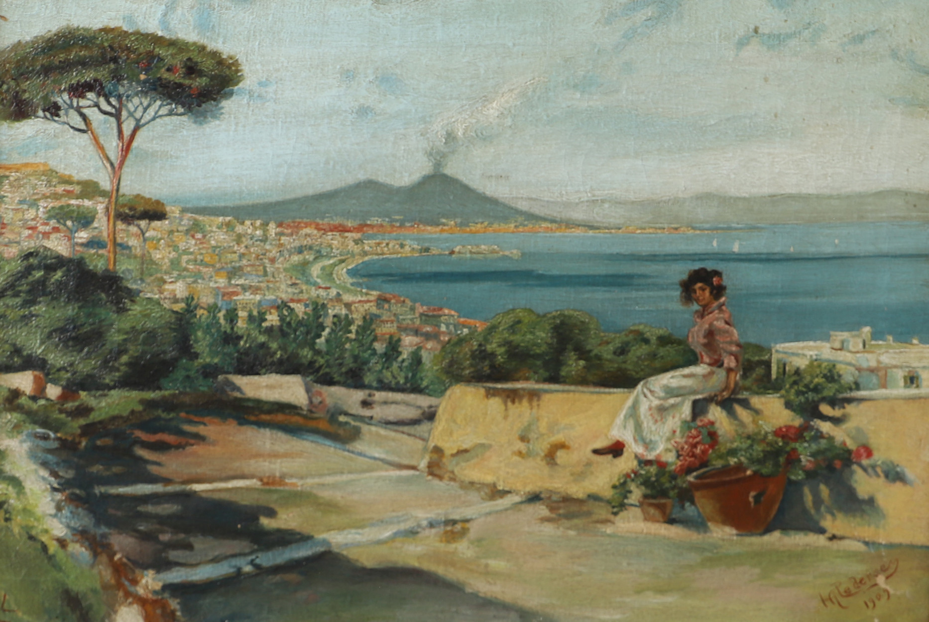 OIDENTIFIERAD KONSTNÄR. Kvinna på mur, olja på duk, signerad Hj. Pedersen.