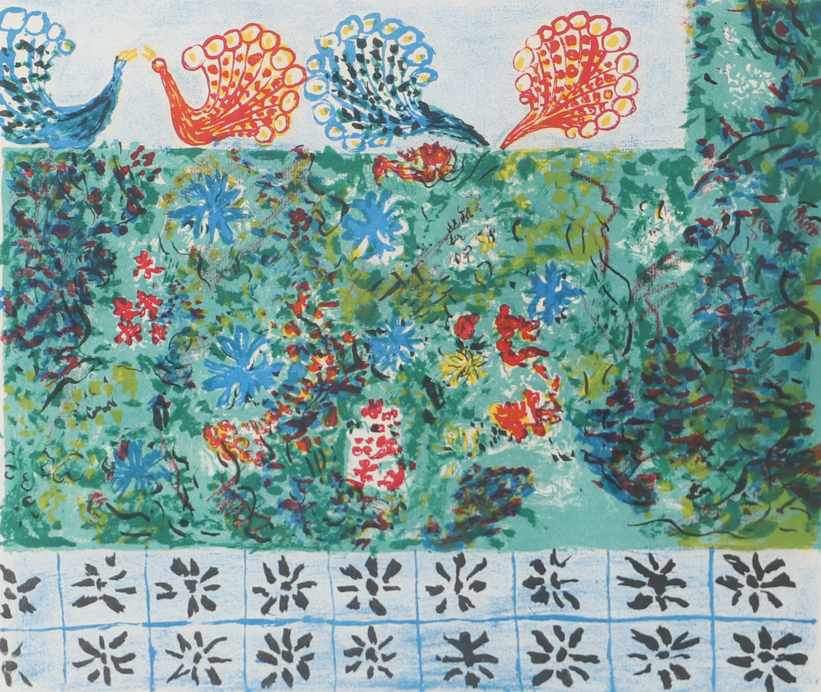 SVEN X:ET ERIXSON. Komposition med fåglar, färglitografi, signerad x:et.