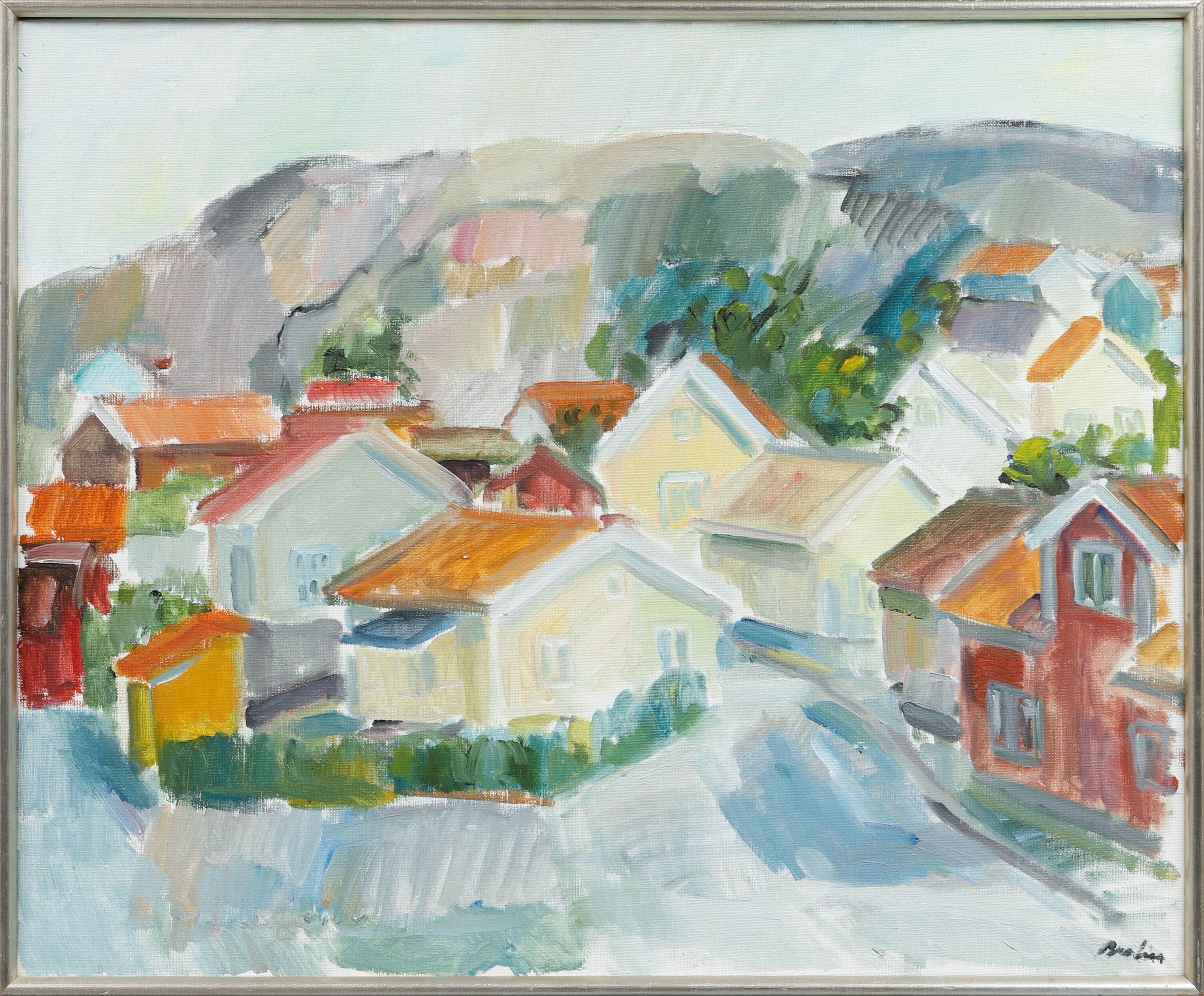 BERTIL BROLIN. Bebyggelse och klippor, olja på duk, signerad.