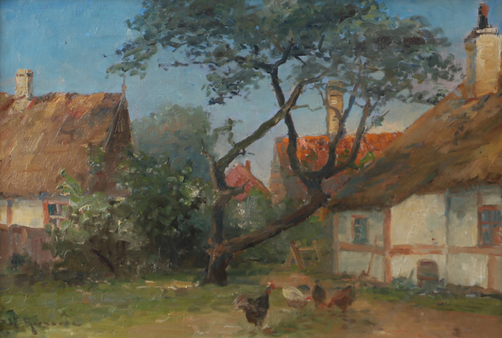 LUDVIG RICHARDE. Gård med höns, olja på duk, signerad.