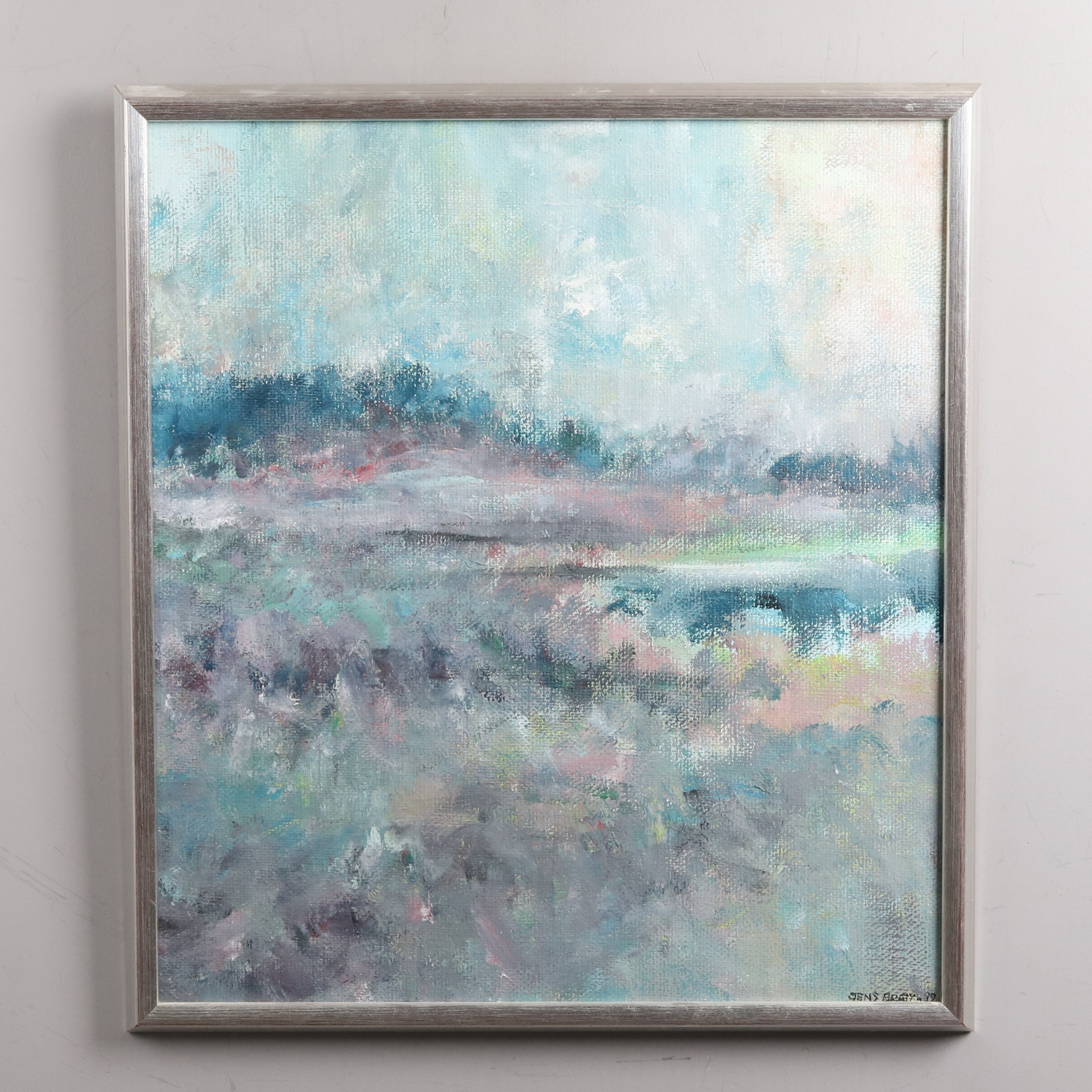 OIDENTIFIERAD KONSTNÄR. Olja på duk, "Landskapsvy", signerad och daterad Jens Bratt -89.