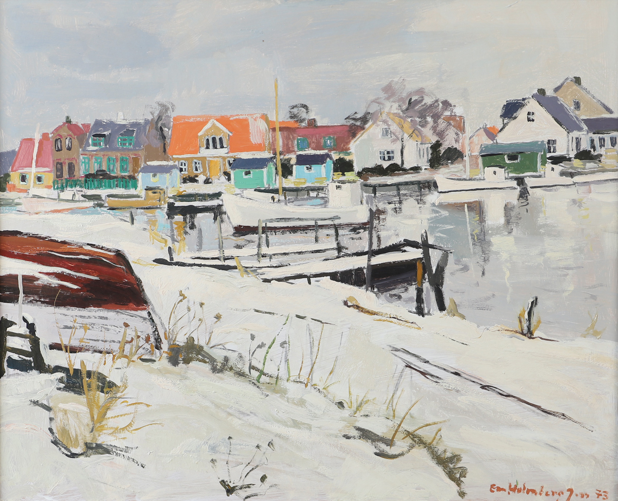 EVA HOLMBERG JACOBSSON. Motiv från Råå, olja på pannå, signerad -73.