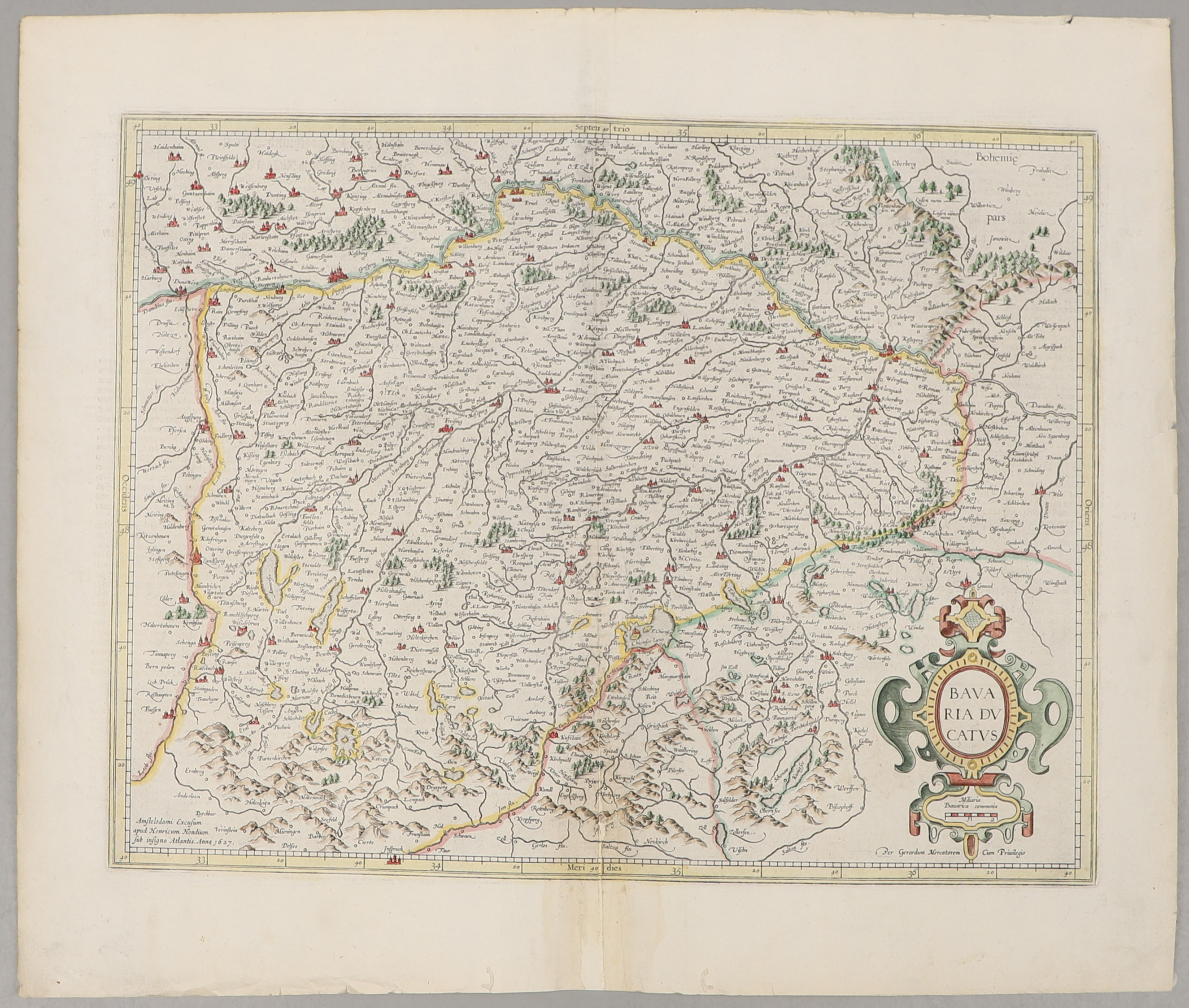 JODICUS HONDIUS, karta, handkolorerat kopparstick. "BAVARIA DUCATS", ca 1627.