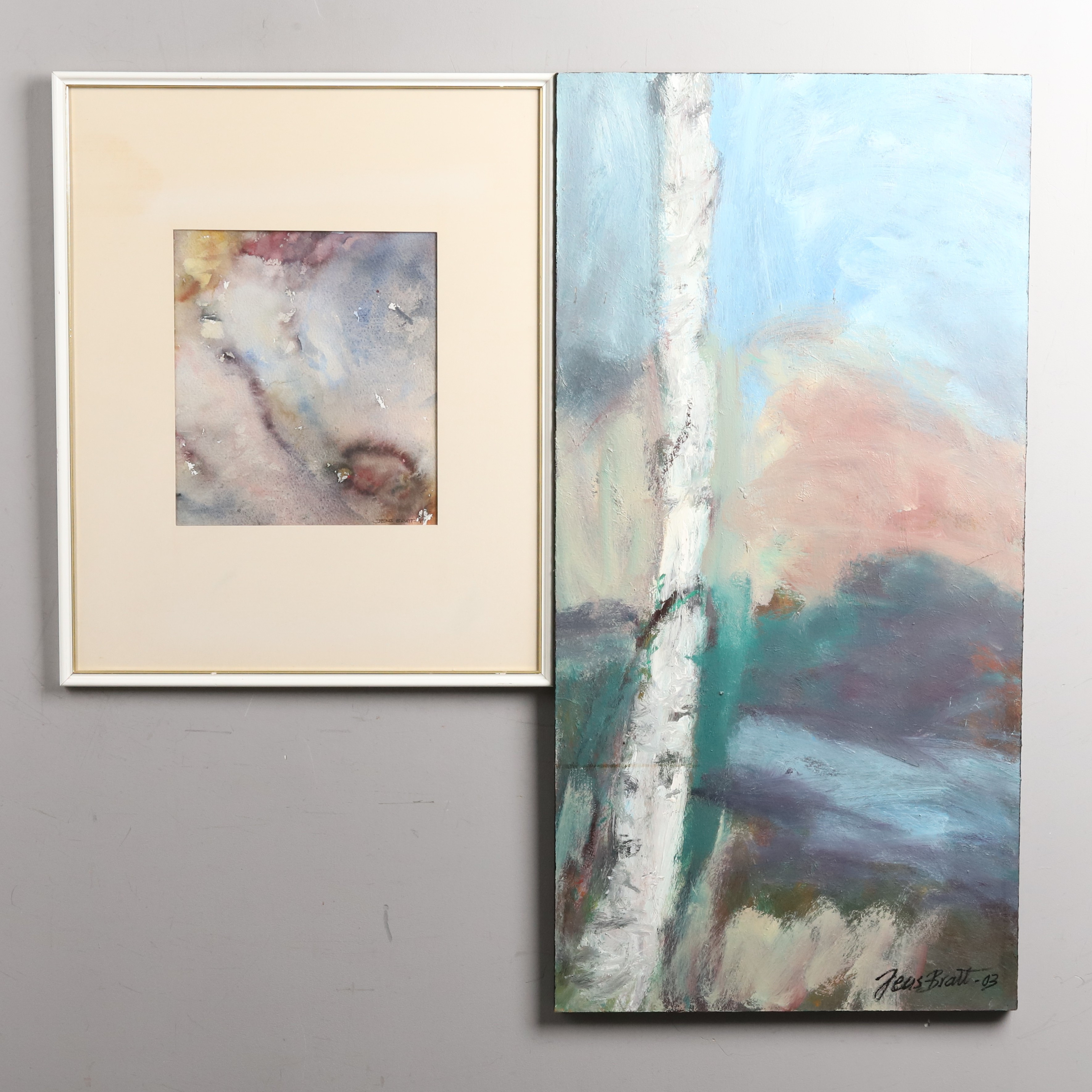 OIDENTIFIERAD KONSTNÄR. Olja på mdf, samt akvarell på papp, signerade och daterade Jens Bratt -89, -03, 2 st.