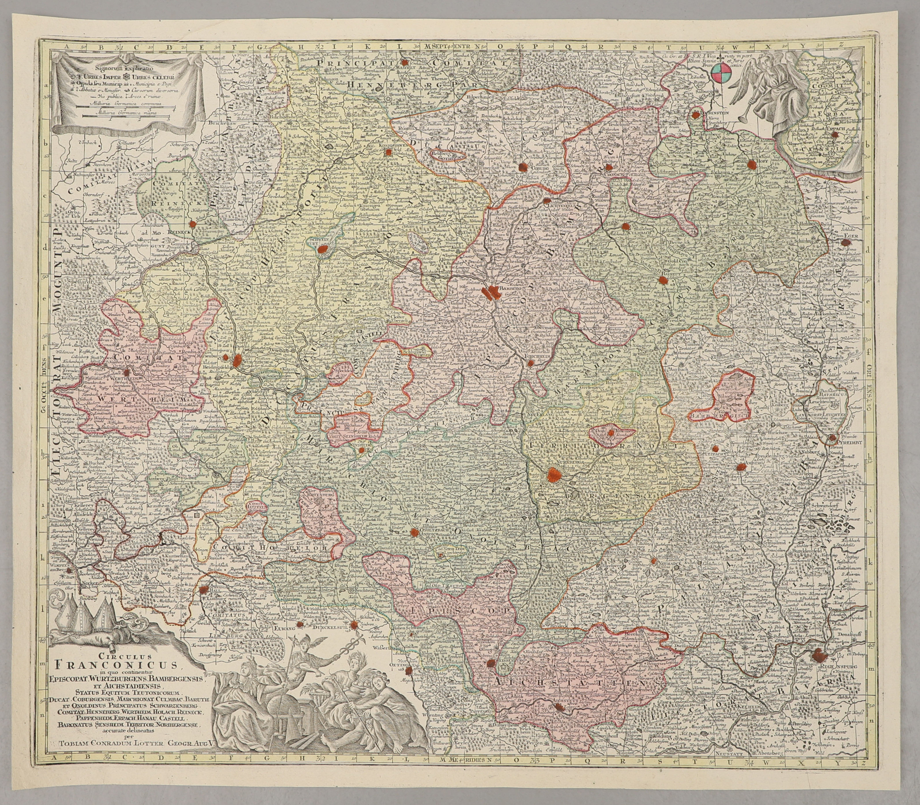 TOBIAS CONRAD LOTTER, karta, handkolorerat kopparstick. "Circulus Franconicus", ca 1760.