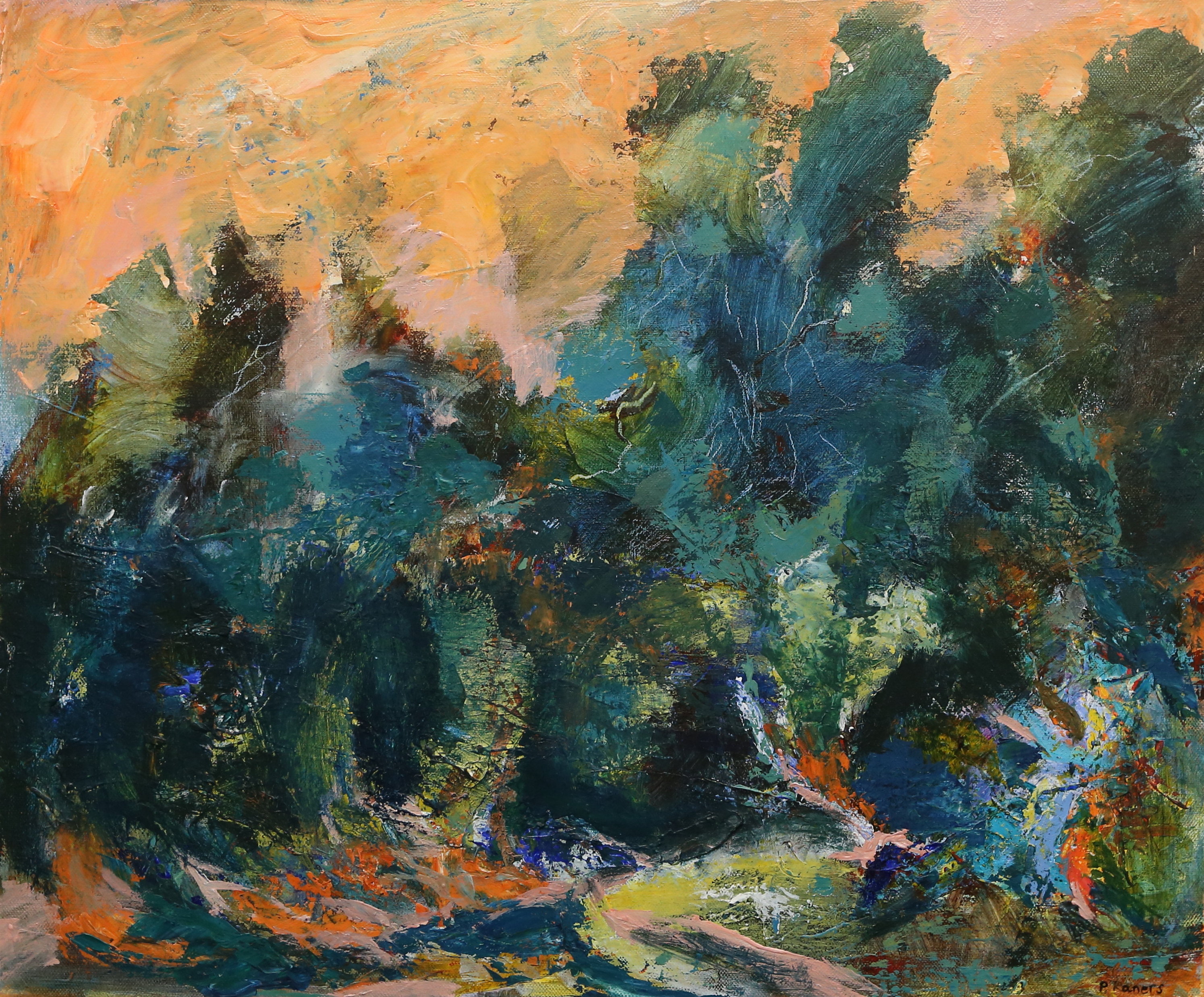 PETER RANERS. "Ravinlandskap", Olja/akryl på dulk, signerad.