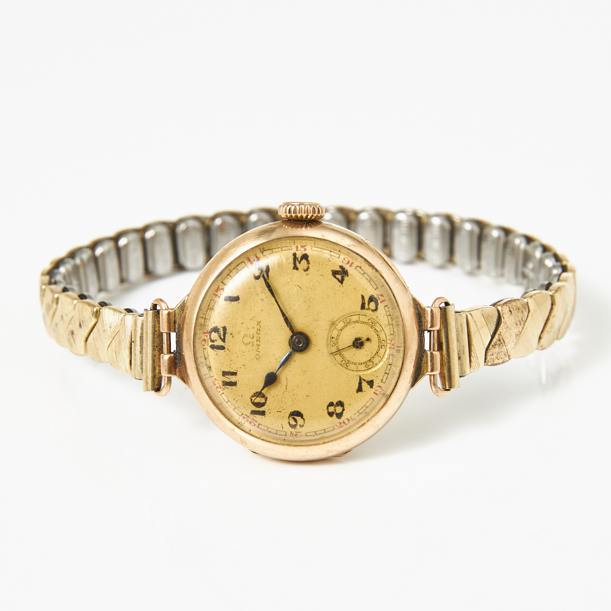 OMEGA, armbandsur, 14 k guld, manuell, arabiska siffror, blånerade visare, plexiglas, 1923, fixoflexarmband i oädel metall.