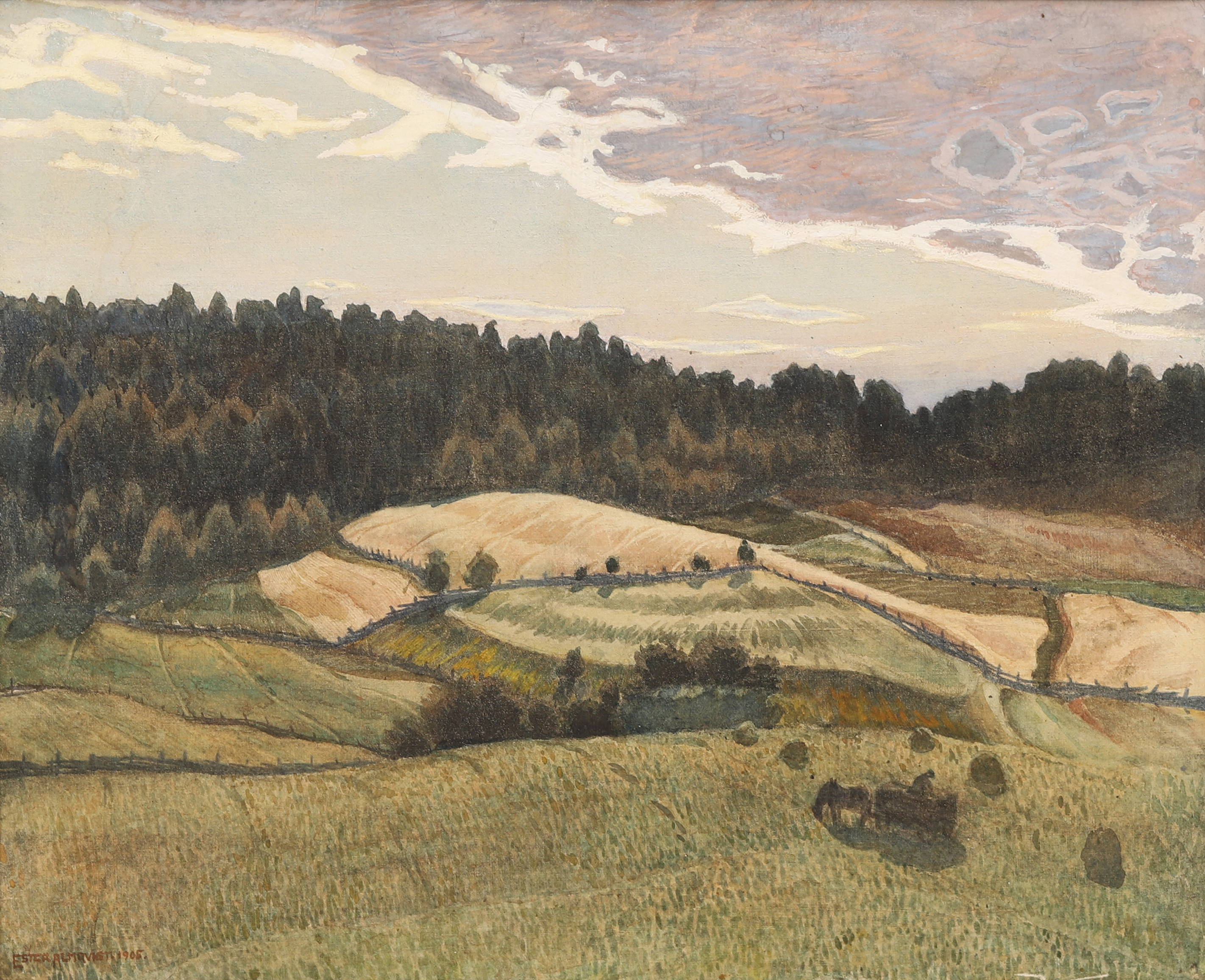 ESTER ALMQVIST. Olja på duk. " Åkrar och skog", signerad och daterad 1905.