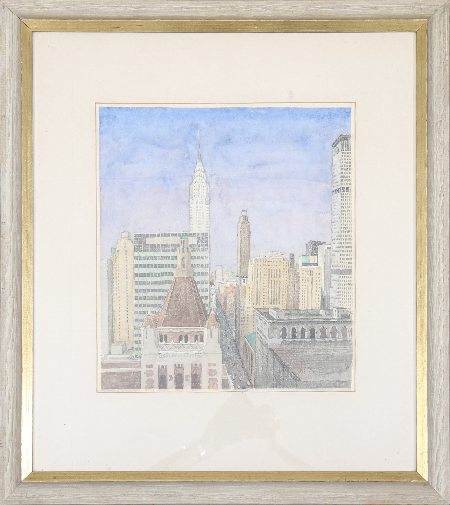 OKÄND KONSTNÄR. Blandteknik, vy över New York och Chrysler Building.