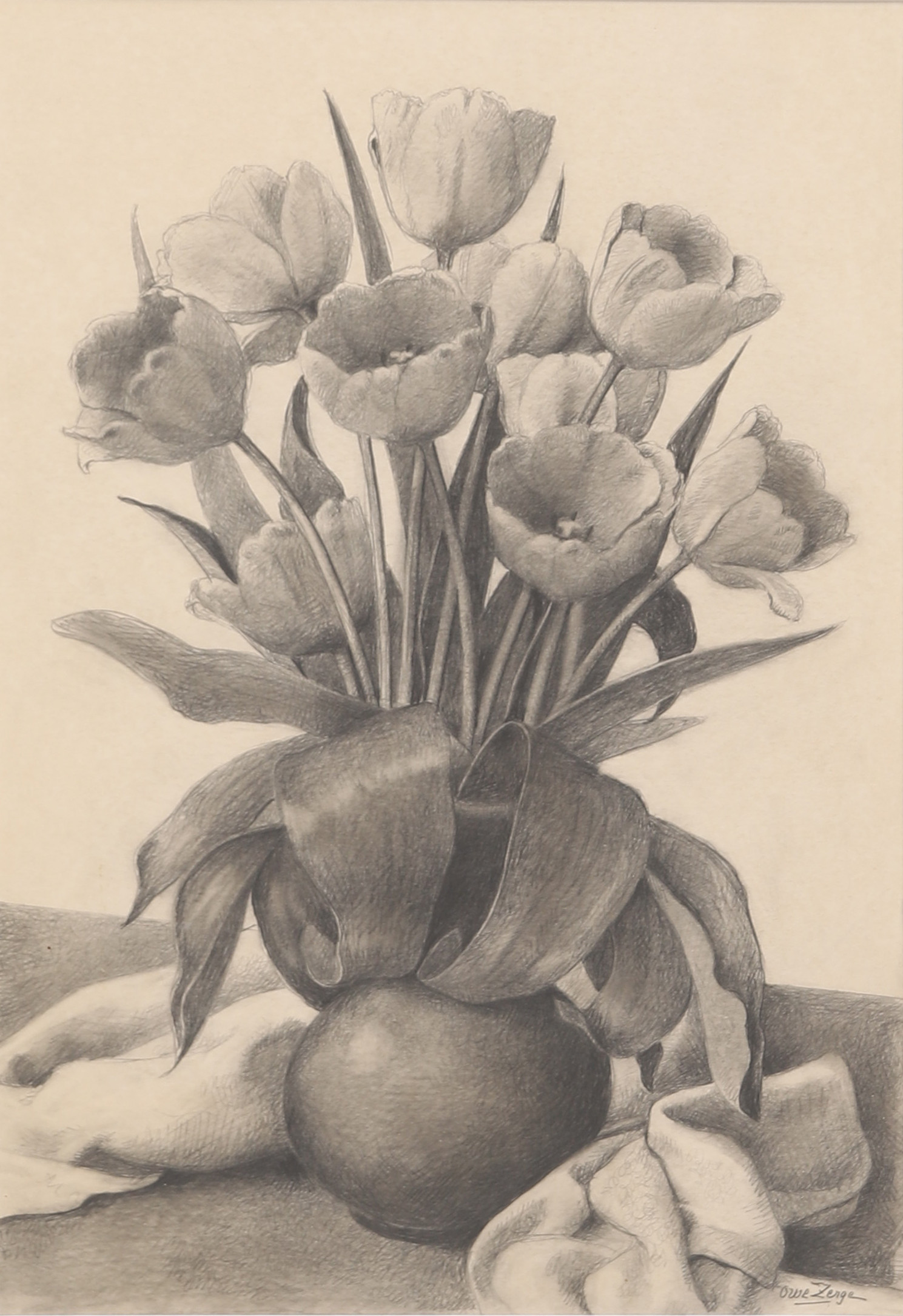 OWE  ZERGE. Blyertsteckning, stilleben, signerad.
