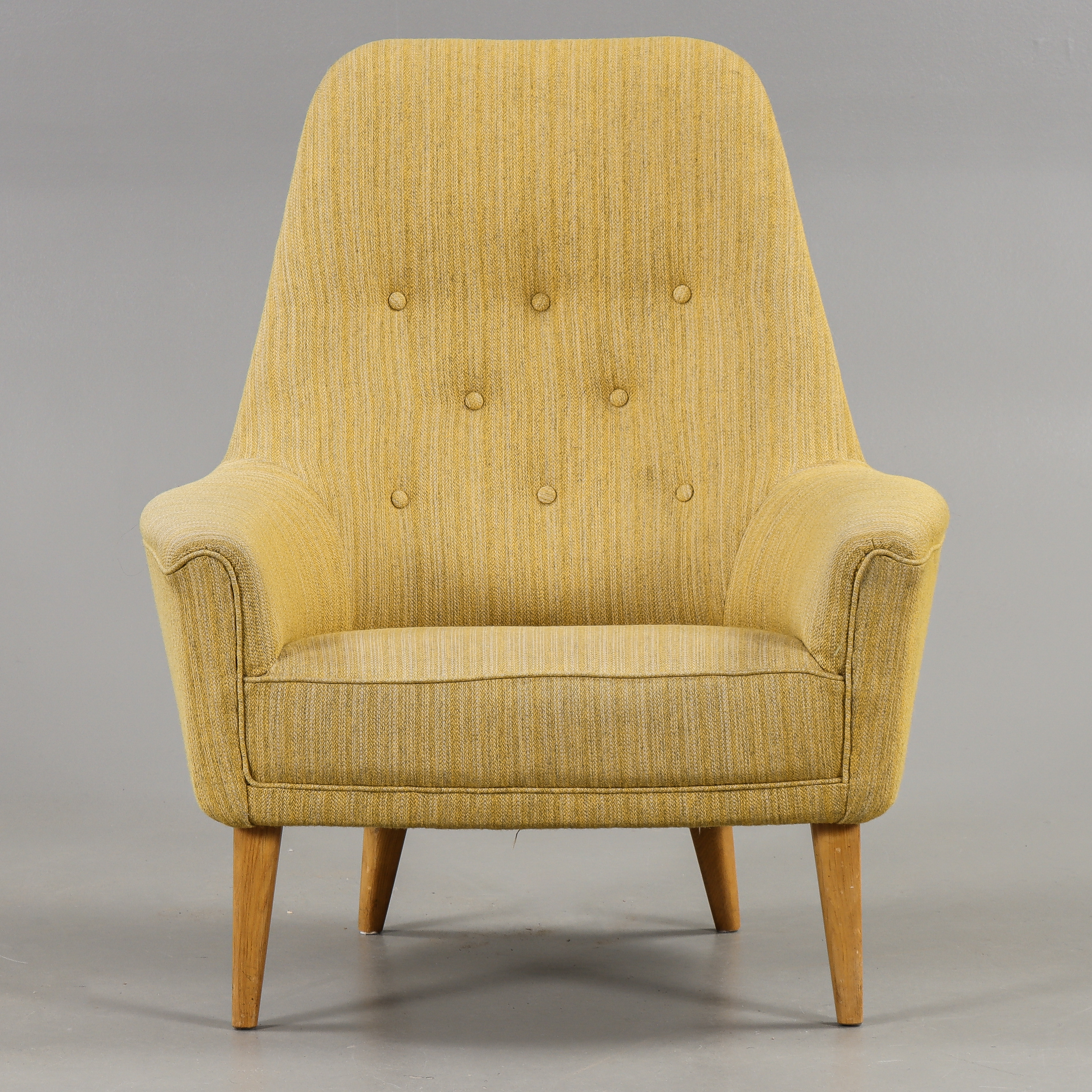 FÅTÖLJ Gul textilklädsel, ek, 1960-tal.