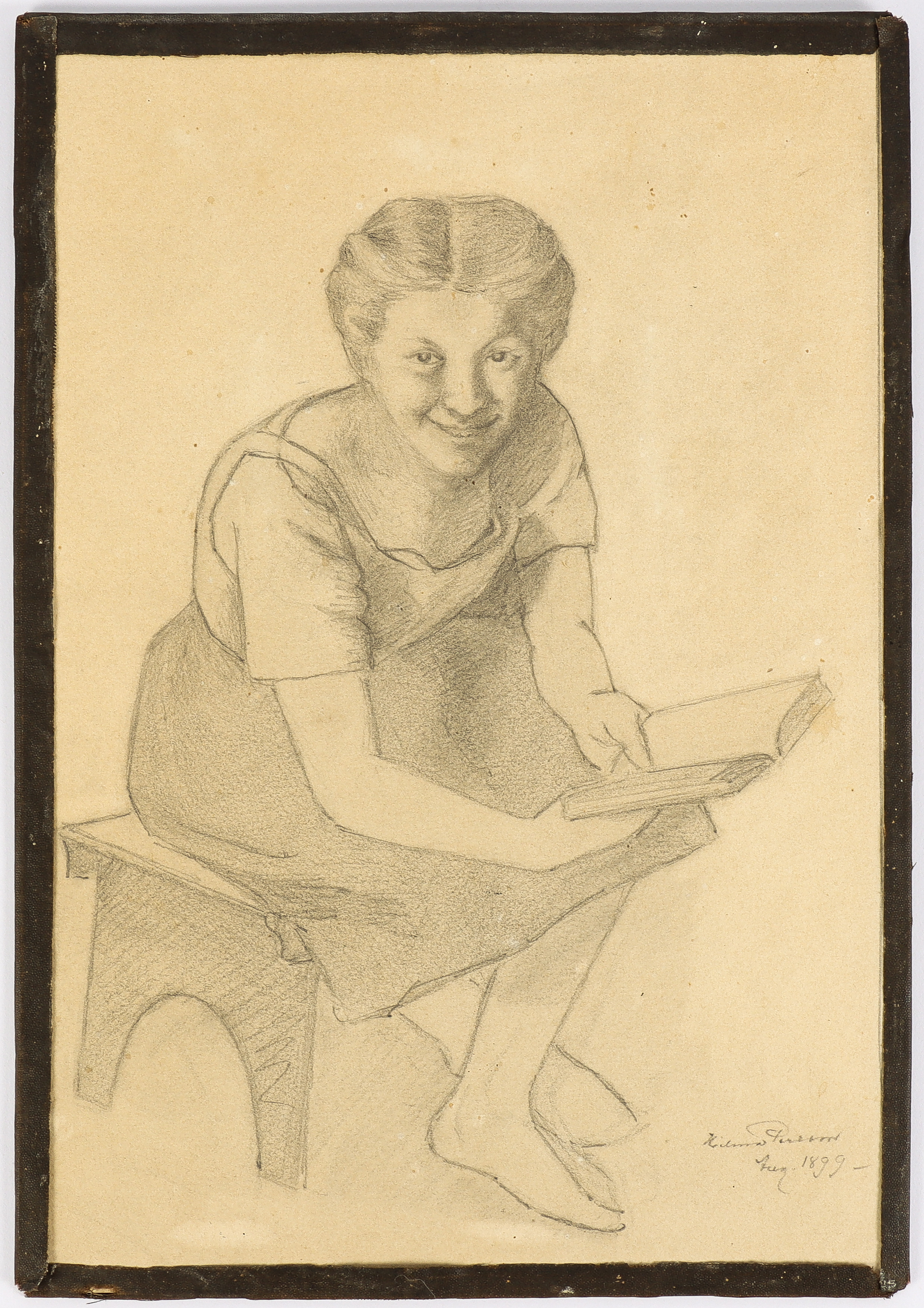 HILMA PERSSON. Teckning, Porträtt av systern Mia Göran, signerad, 1899.