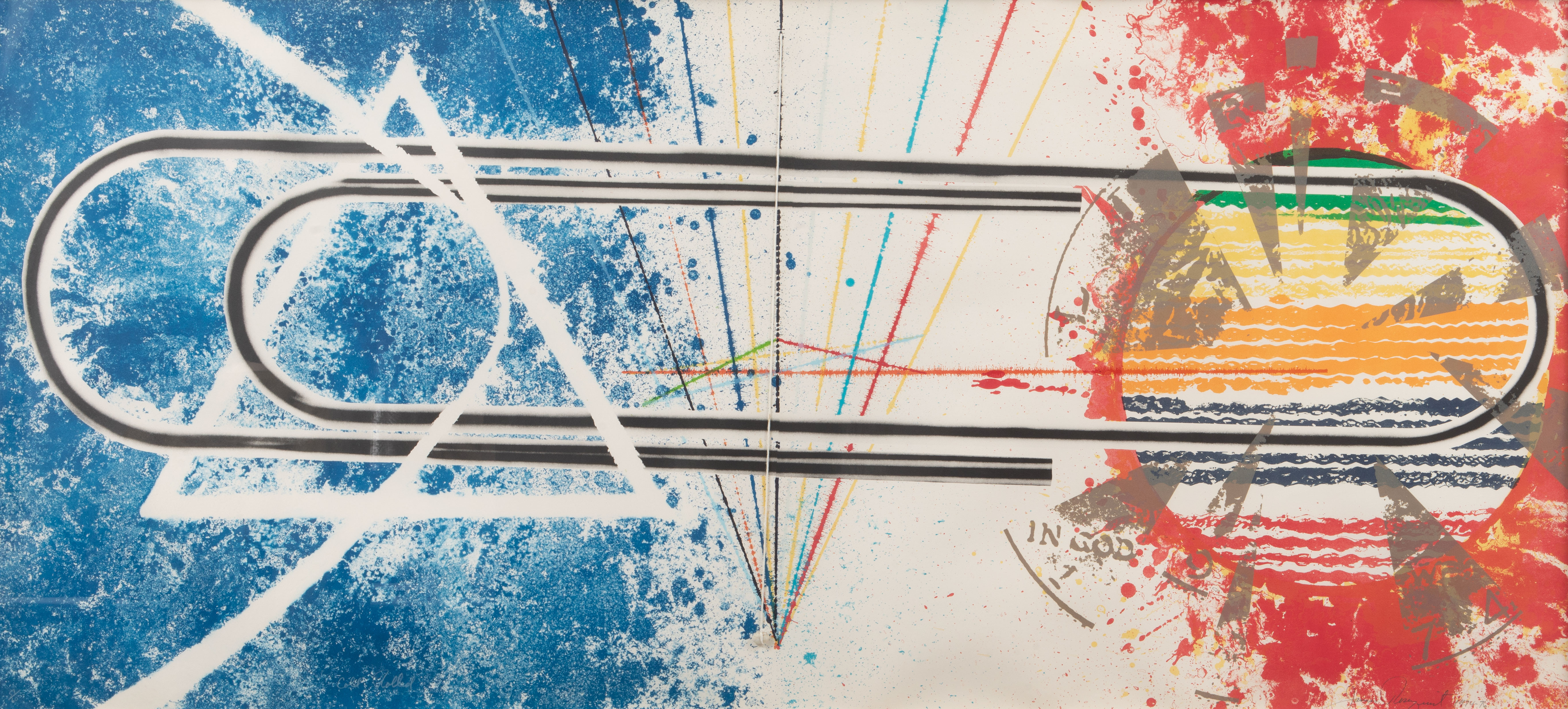 JAMES ROSENQUIST. "Cold Rolled". Färglitografi samt påhängt snöre med sten. Utförd 1974-76.