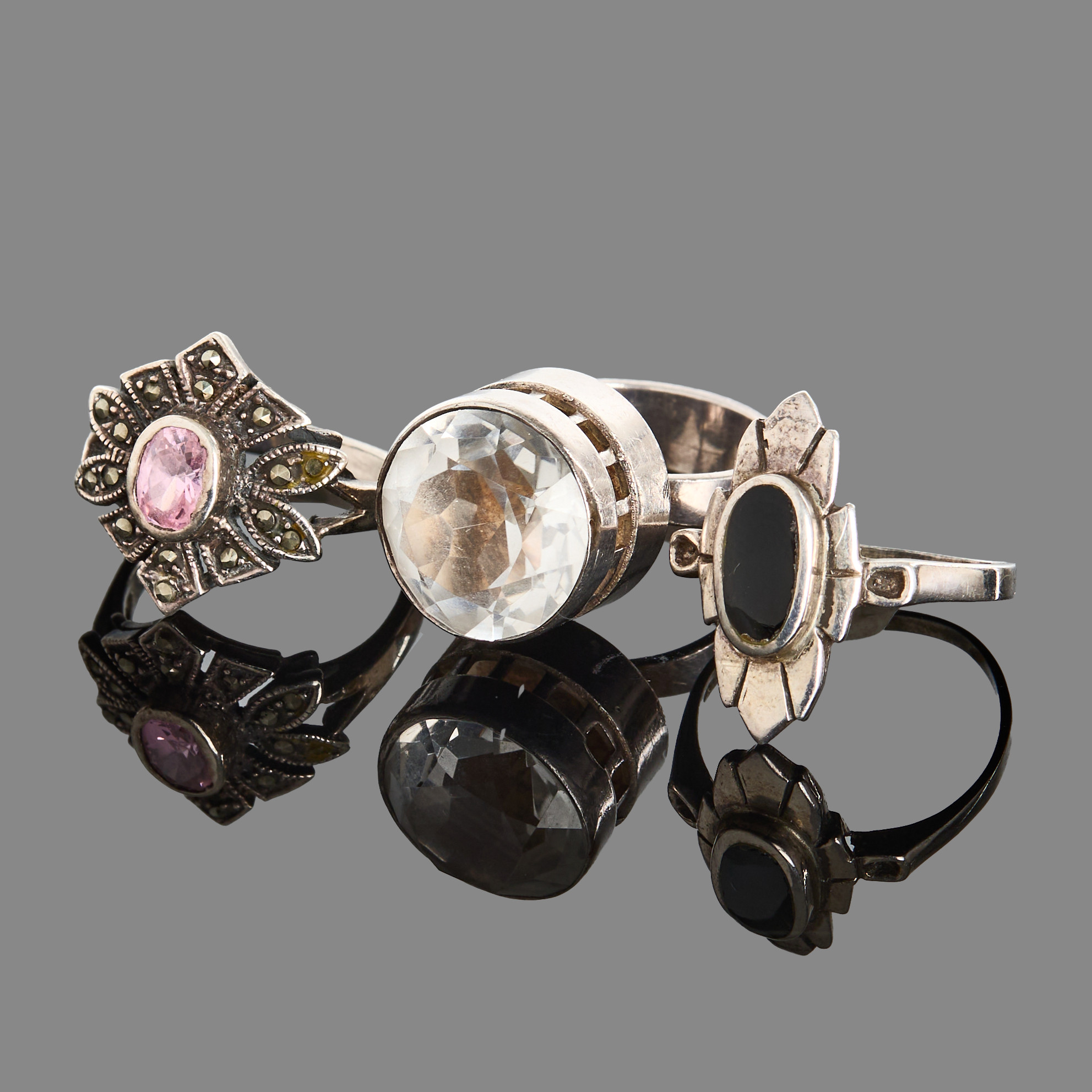 RINGAR, 3 st, silver, bergkristall, markasiter, glassten.