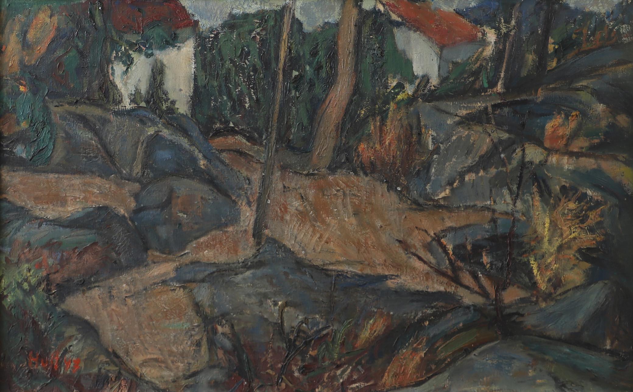 TORSTEN HULT. Naturparti med bebyggelse bortom växtlighet och klippformationer, olja på duk, signerad Hult -47.