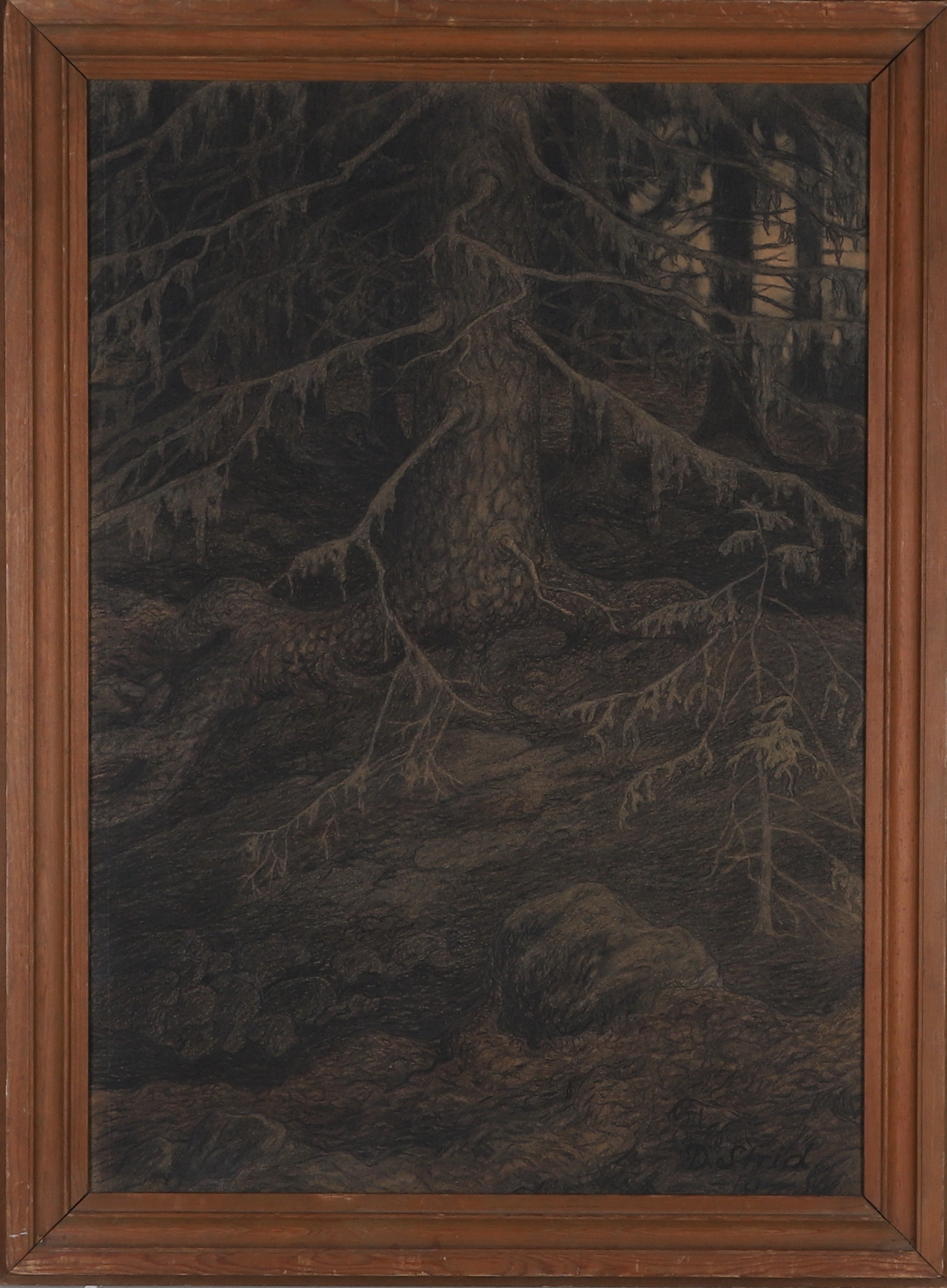 DAVID CRONHOLM. (1877-1968), Kolteckning, skogslandskap, signerad D Strid och daterad 1910.