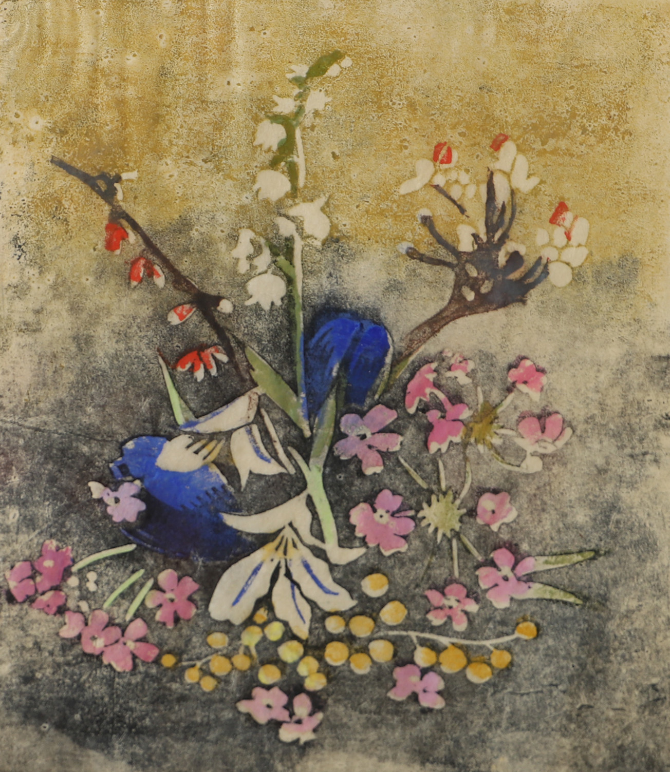 MAJA FJAESTAD. "Februariblommor", färgträsnitt, signerad.