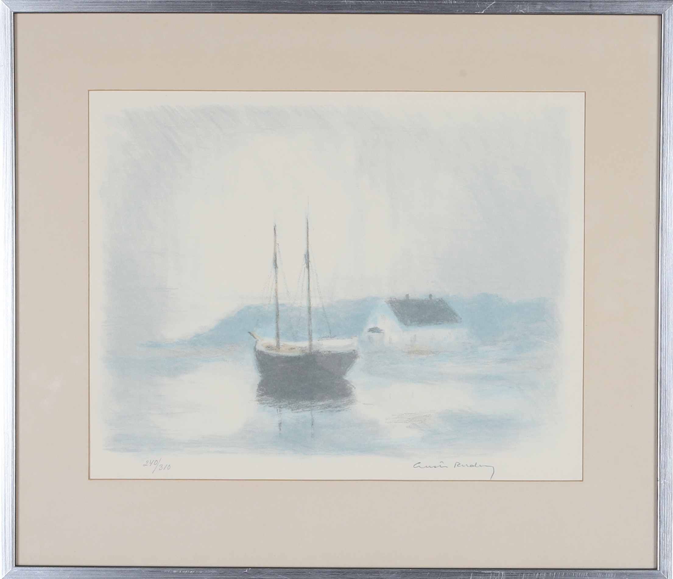 GUSTAV RUDBERG. Färglitografi, skepp till sjös, signerad och numrerad 240/310.