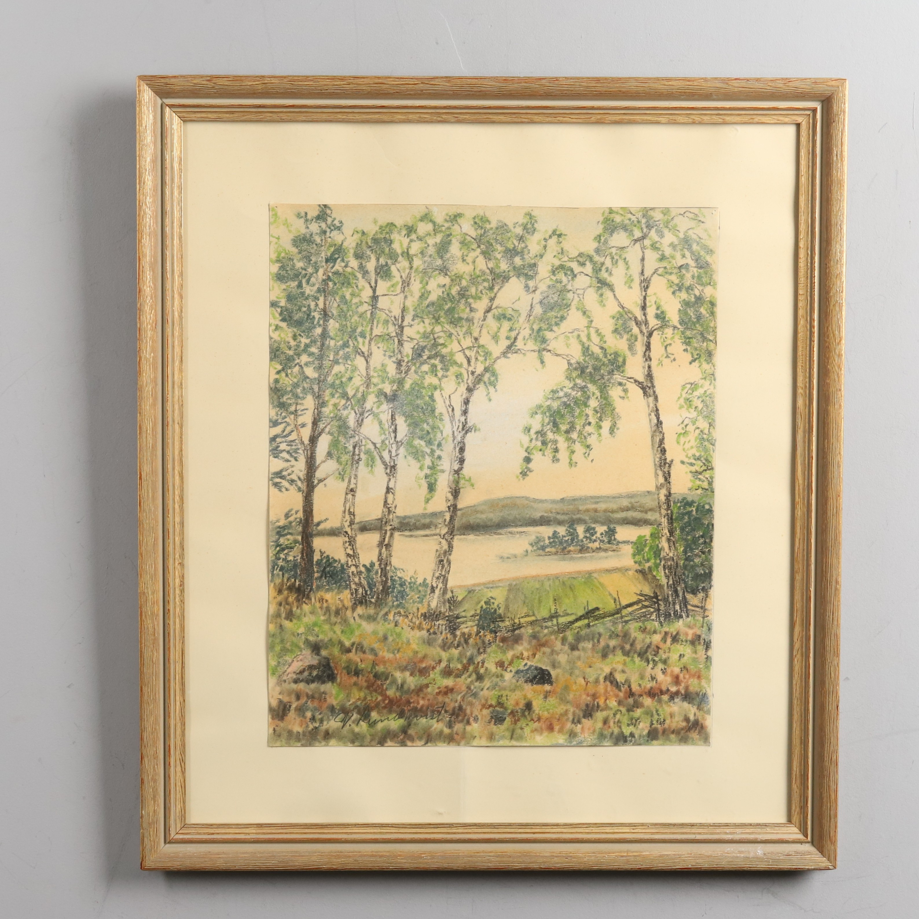 OIDENTIFIERAD KONSTNÄR. Torrpastell, "Landskapsvy", signerad V. Lundkvist.