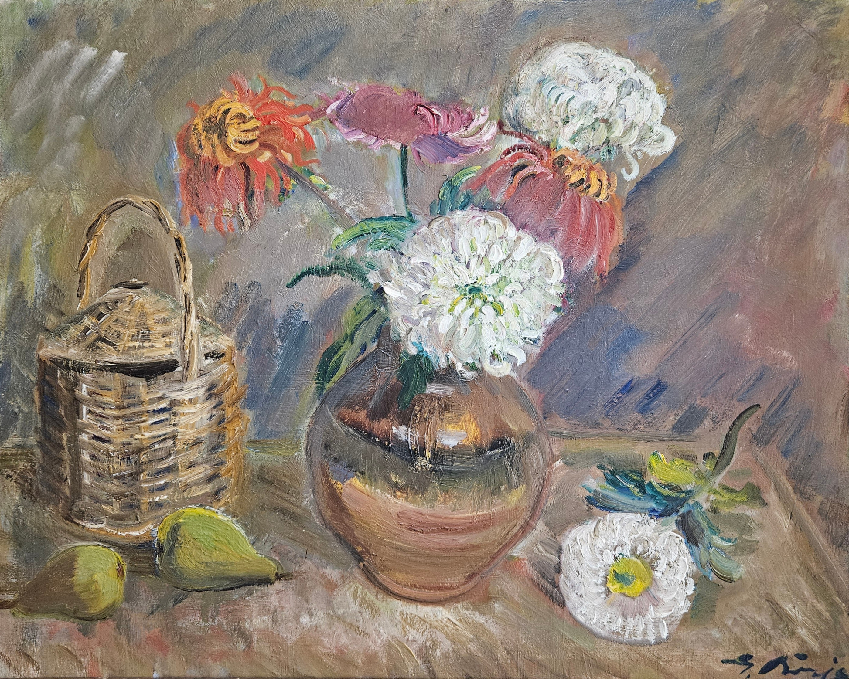 GIDEON BÖRJE. Stilleben med päron och vas med blommor. Olja på duk, signerad G. Börje.