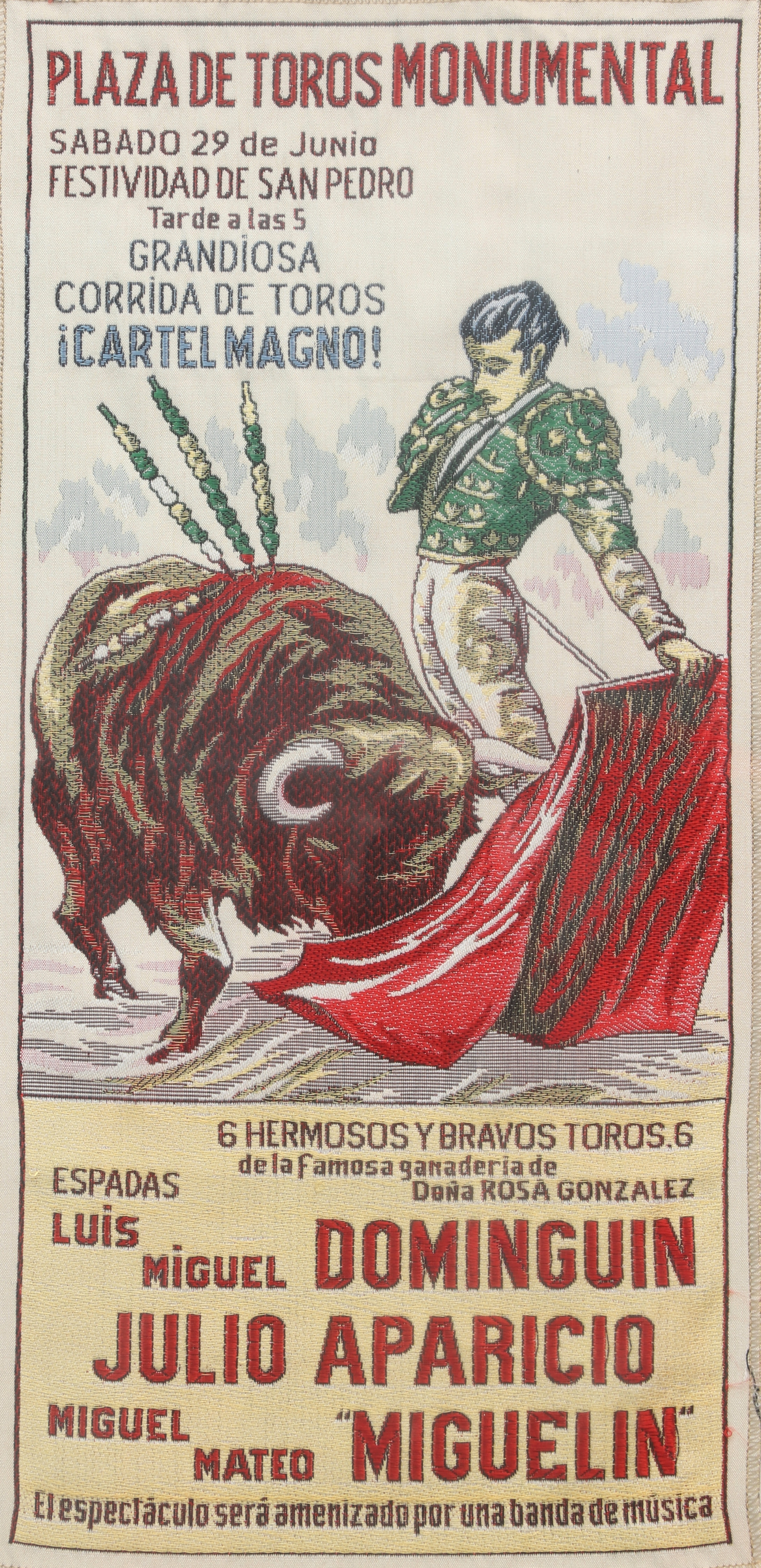 TEXTILTAVLA, tjurfäktning, "Plaza De Toros Monumental, Spanien.