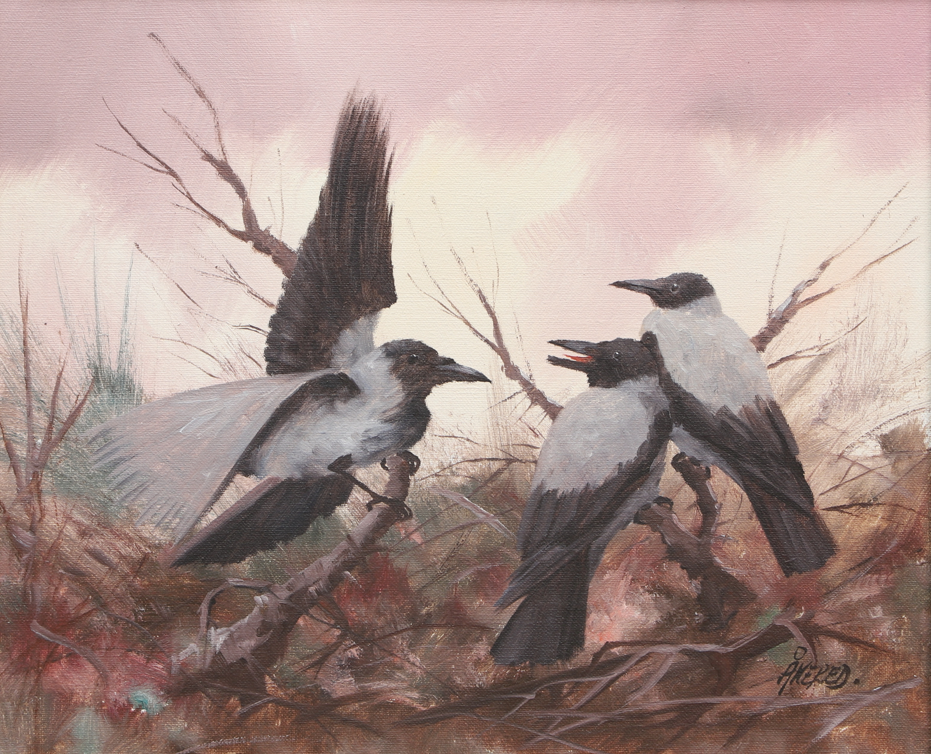 PER ÅKERED. Olja på duk, fåglar på gren, signerad.