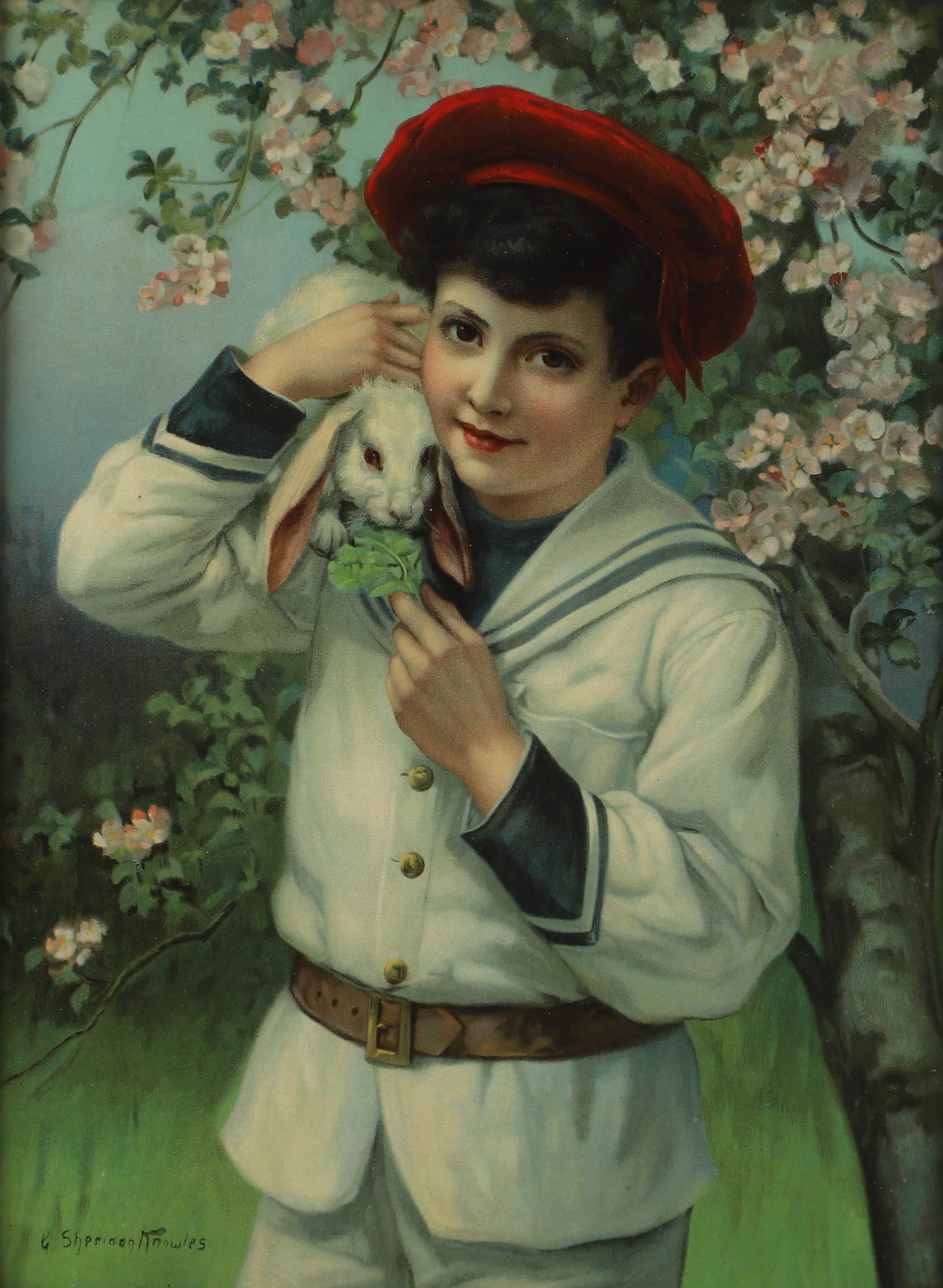 GEORGE SHERIDAN KNOWLES. EFTER. Pojke med kanin, oljetryck, sekelskiftet 1800/1900.