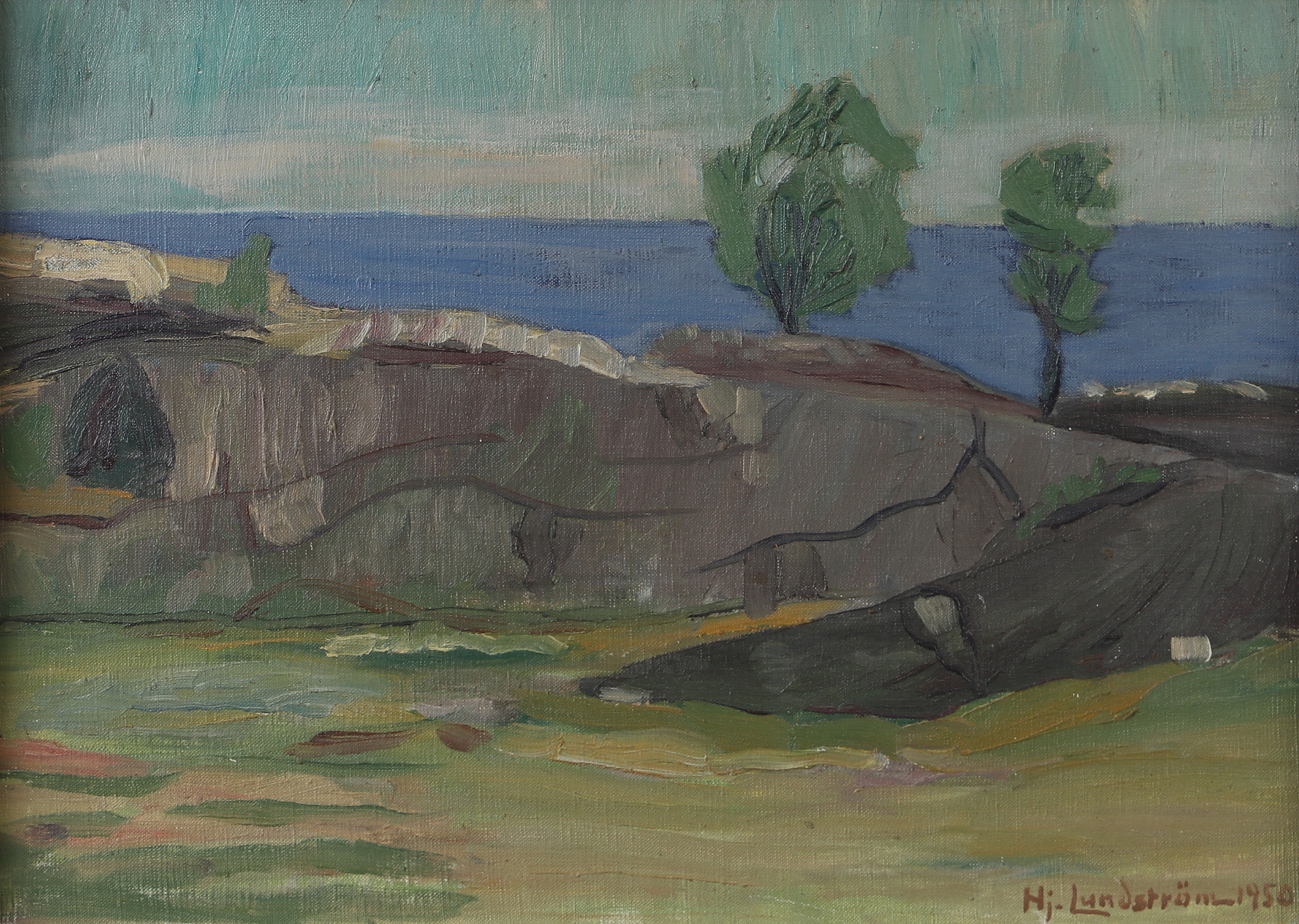 HJALMAR LUNDSTRÖM. Kustlandskap, motiv från Hörviken, Blekinge, olja på duk, signerad Hj. Lundström 1950.