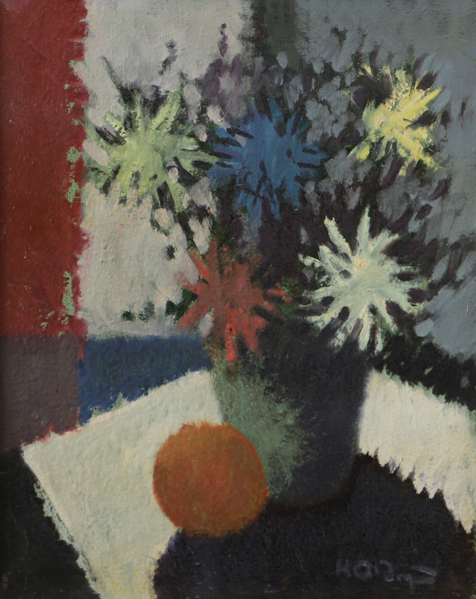 KNUD HORUP. (Danmark, 1926-1973). Stilleben med frukt och blommor i vas, olja på duk, signerad Horup.