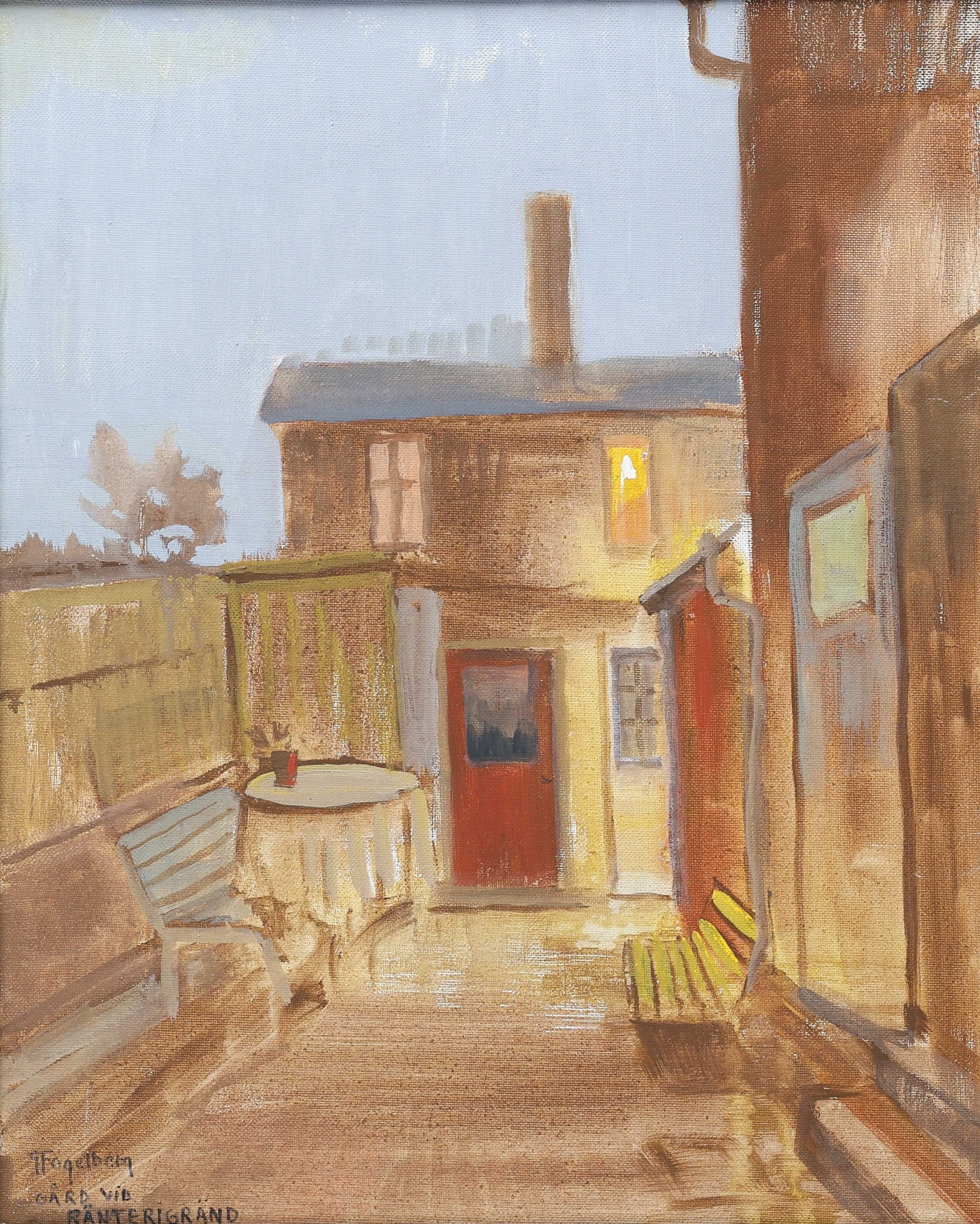 GUSTAF FOGELBERG. Olja på duk, "Gård vid Ränterigränd", Jönköping, signerad.