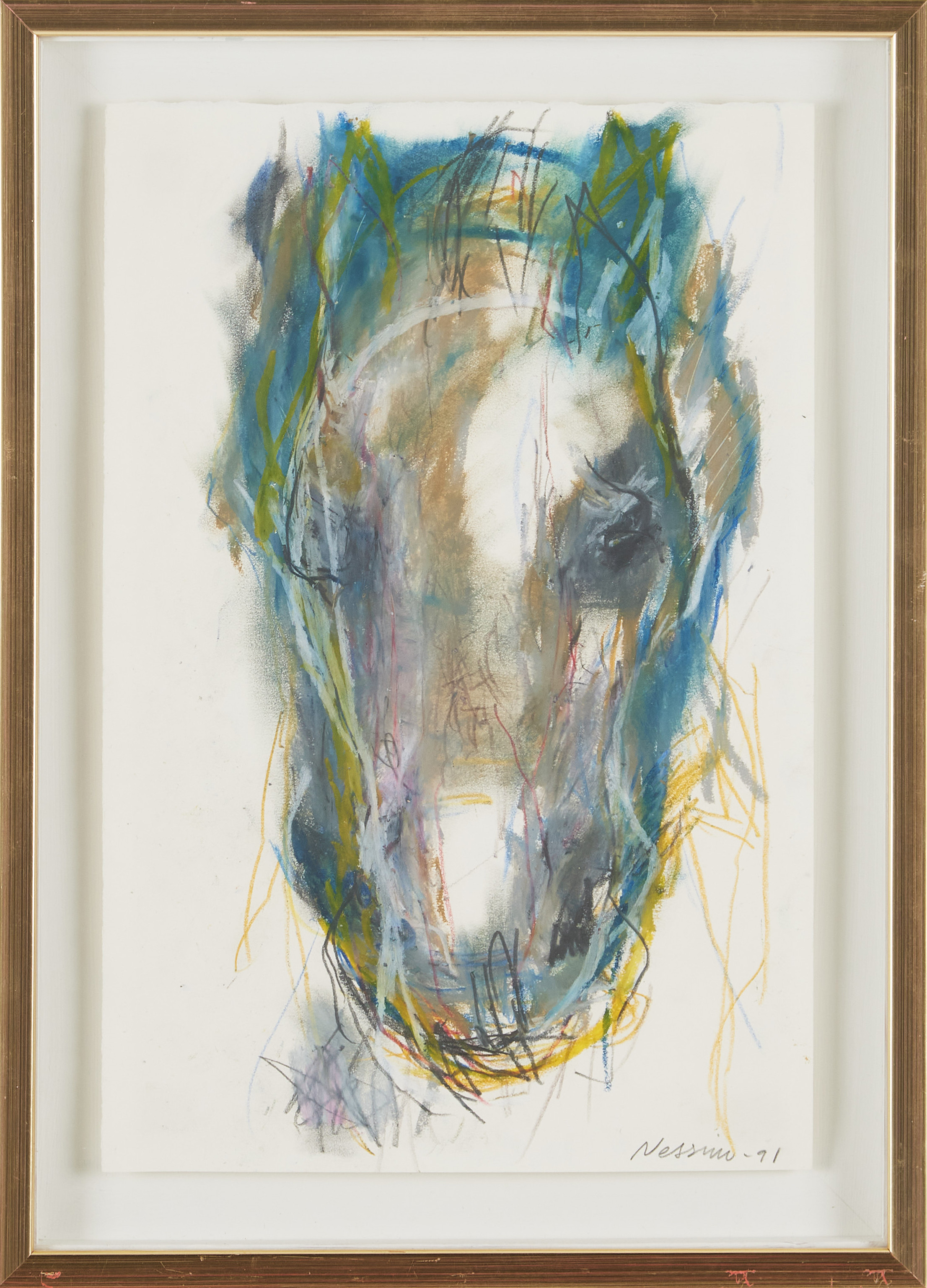 SUSANNE NESSIM (f. 1944) Hästhuvud, blandteknik med färgkrita, signerad och daterad Nessim -91.