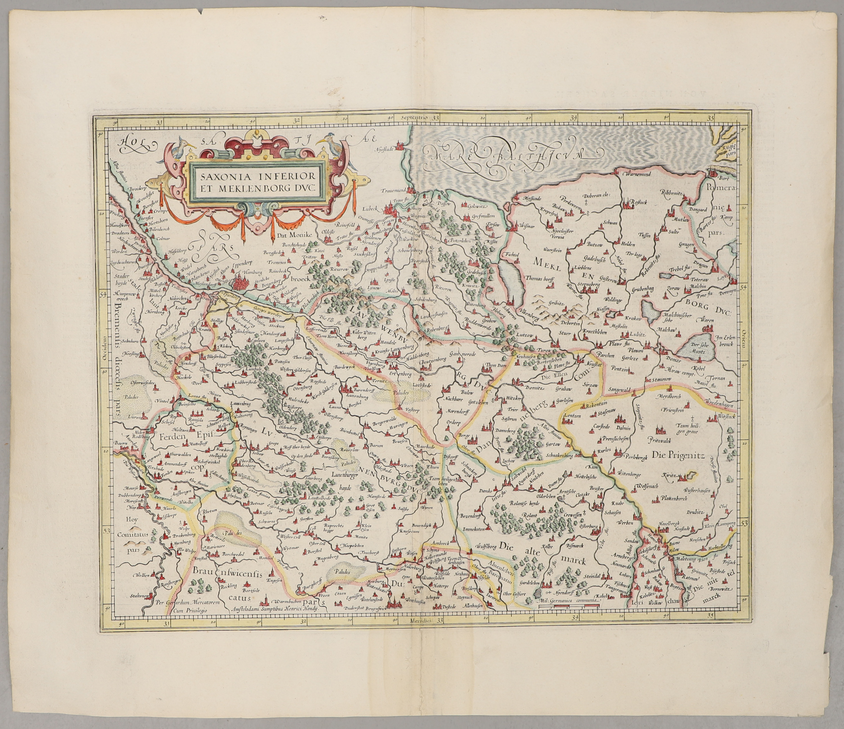 JODOCUS HONDIUS, karta, handkolorerat kopparstick. "Saxona Inferior et Mecklenburg" ca 1630.