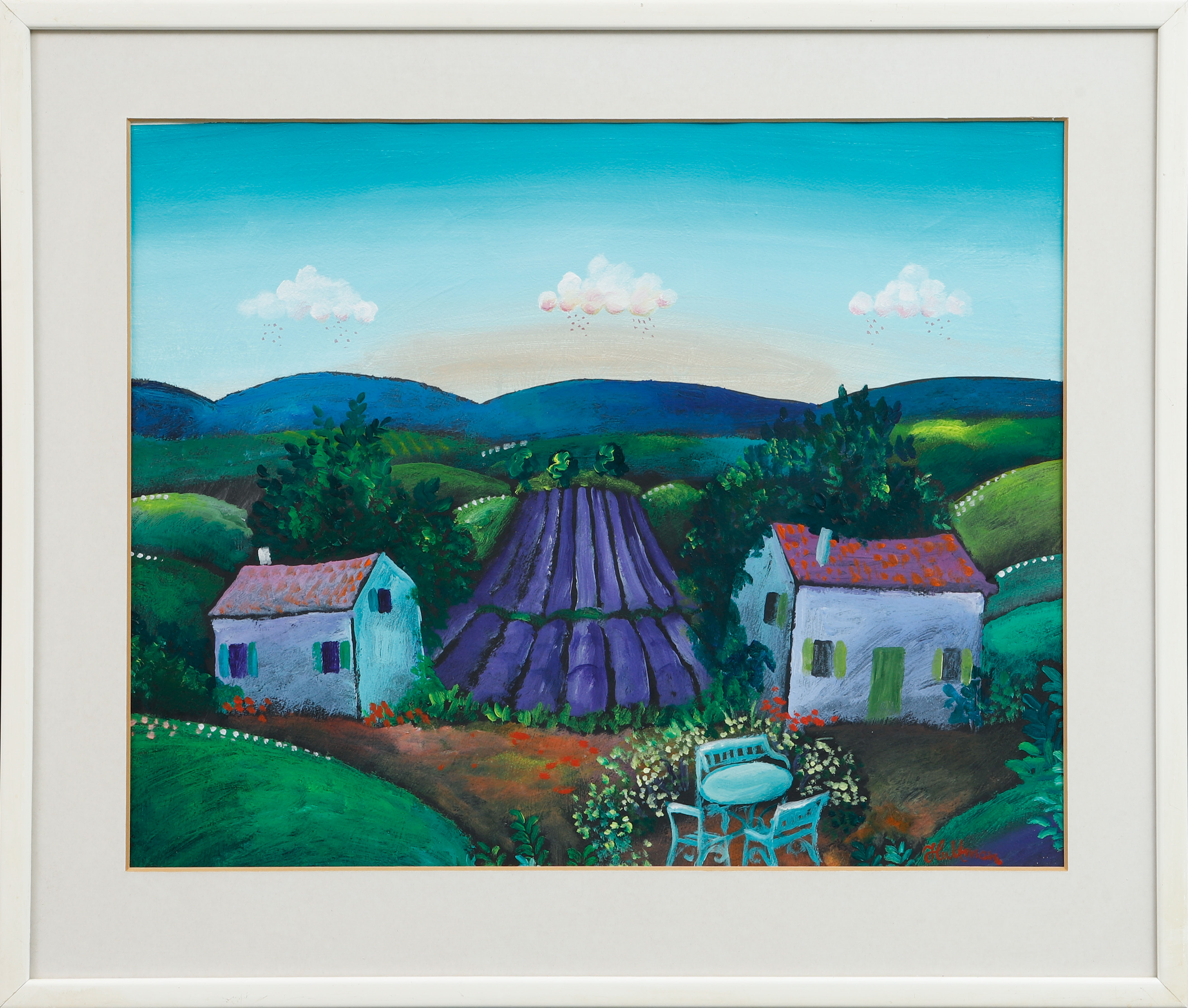 ANDERS HULTMAN. Hus vid lilablommande fält, akryl på papper, signerad.