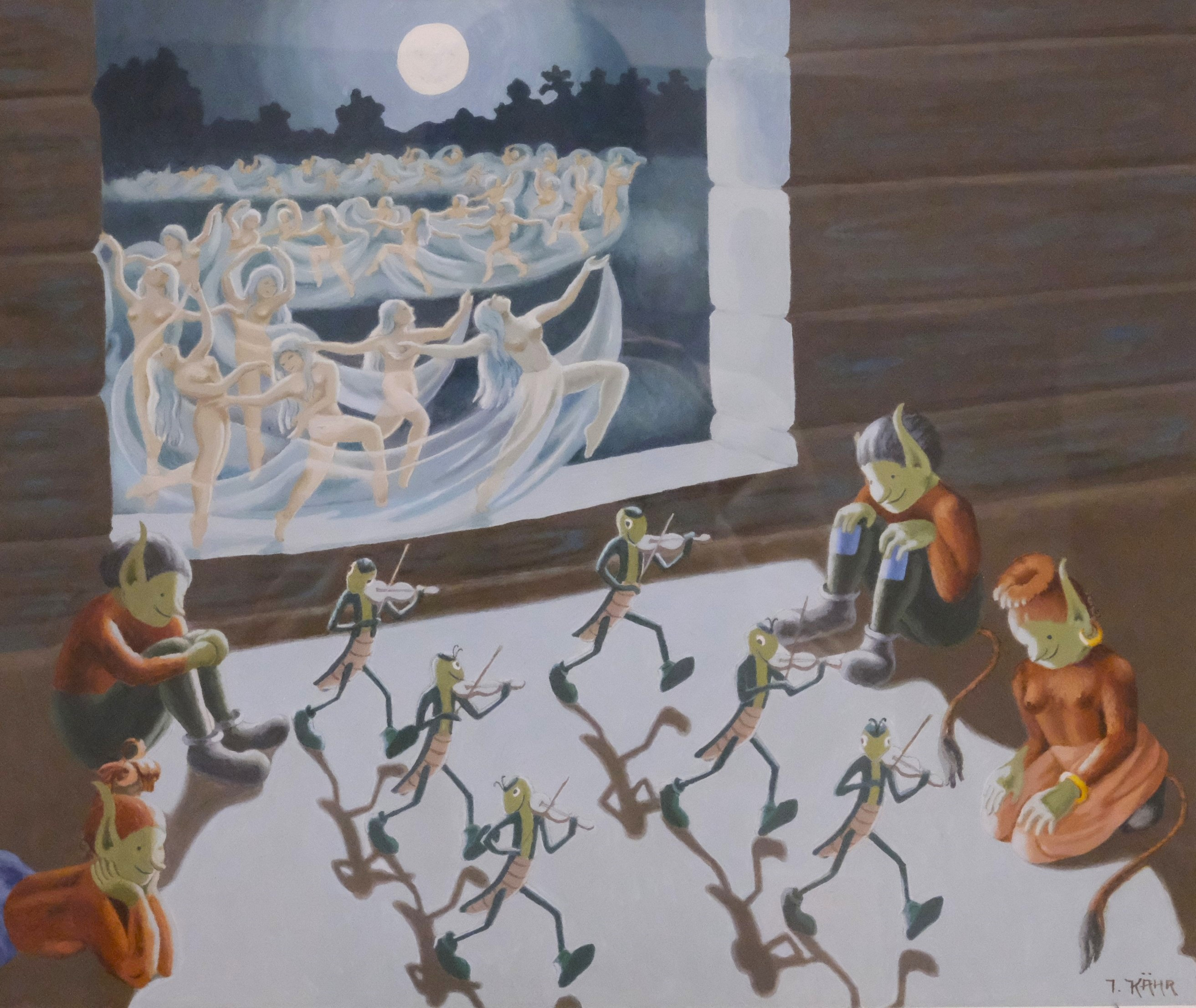 GRETA ISABELLA KÄHR-JERNBERG. AKVARELL, GRÄSHOPPSORKESTER MED DANSANDE ÄLVOR OCH FANTASIVARELSER.