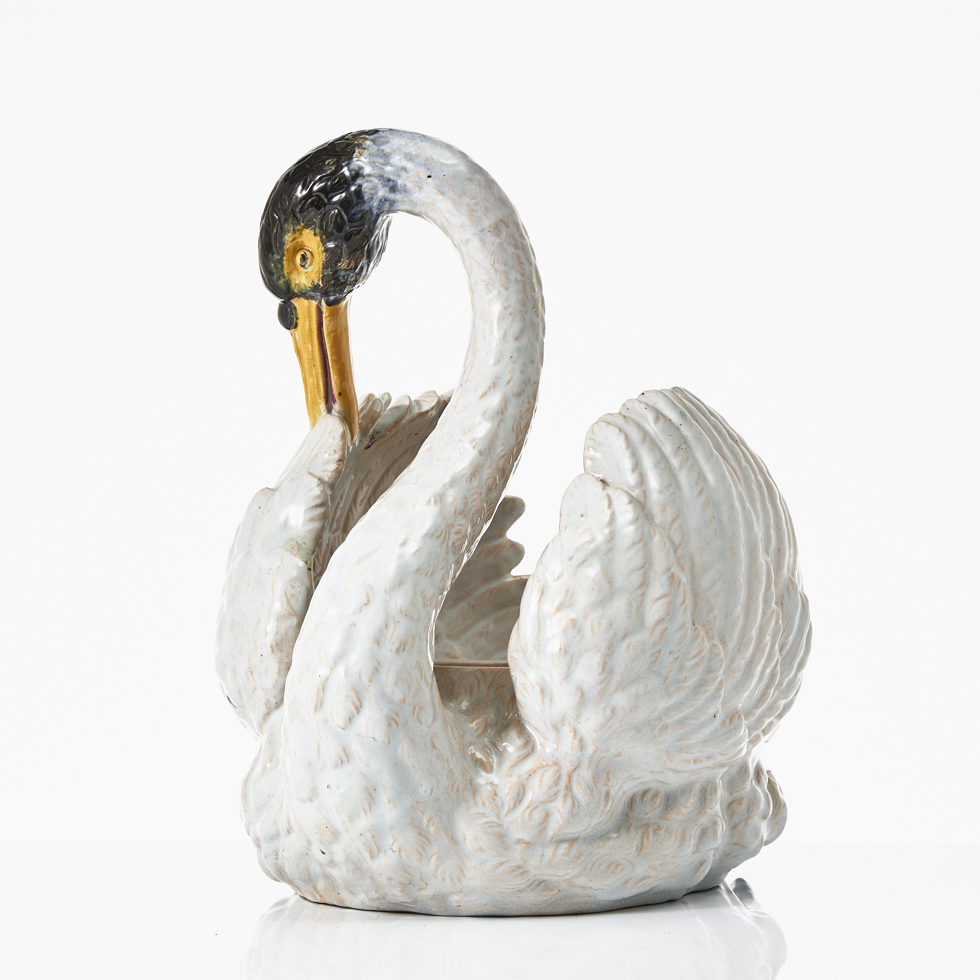 SVAN FÖR BLOMDEKORATION, glaserat lergods, Höganäs, sekelskiftet 1900, flintgods.