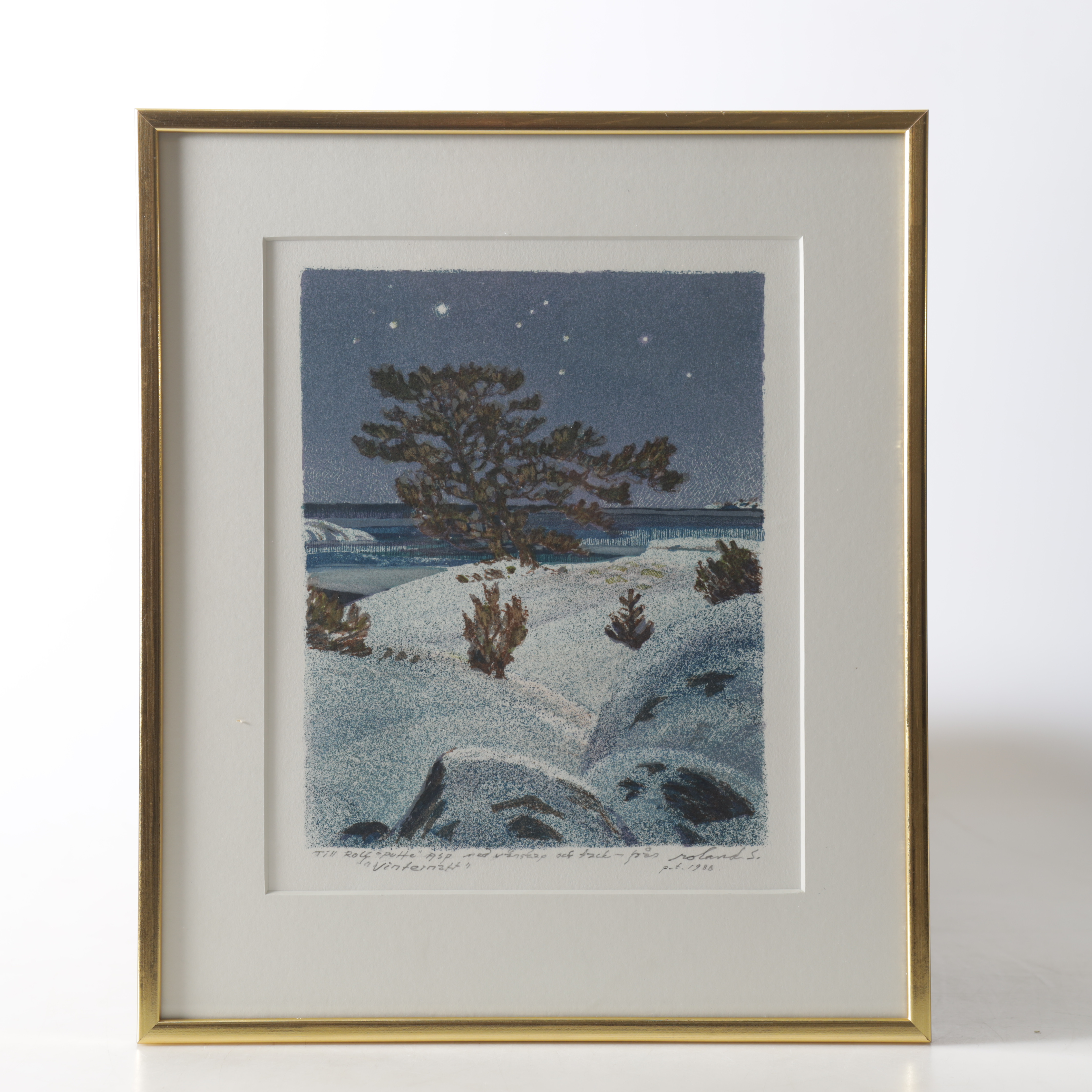 ROLAND SVENSSON. "Vinternatt", färglitografi, provtryck, 1988, signerad.
