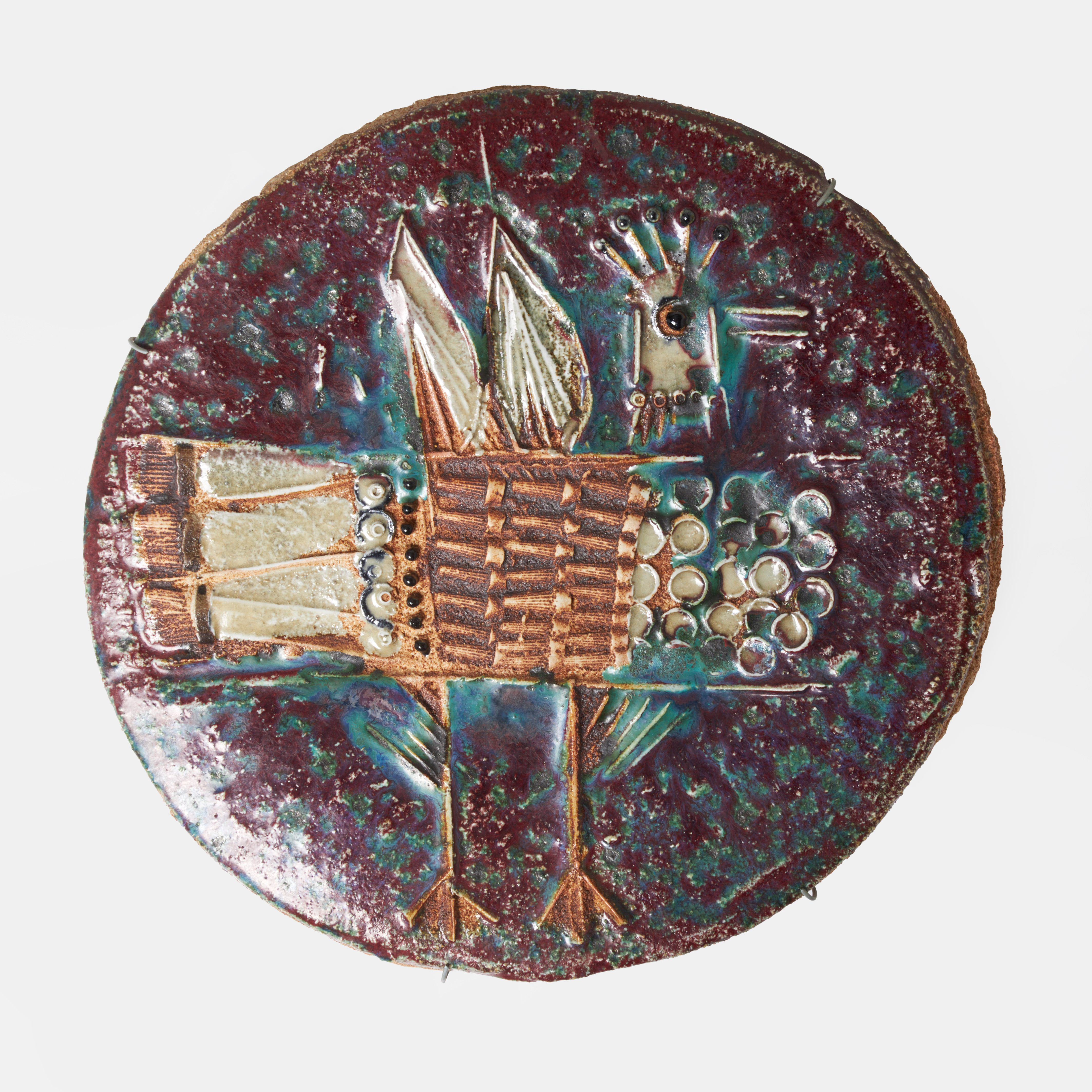 LISA LARSON. Relief, Gustavsbergs studio, 1960 tal, polykrom glasyr, målad signatur.