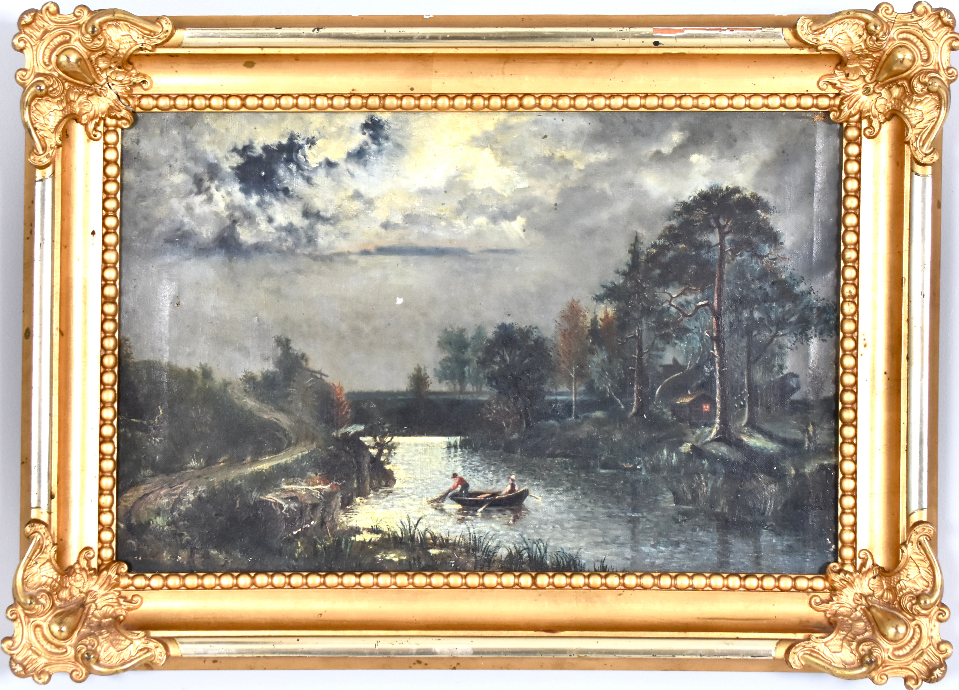 OKÄND KONSTNÄR. oljemålning på duk, månskensfiske.