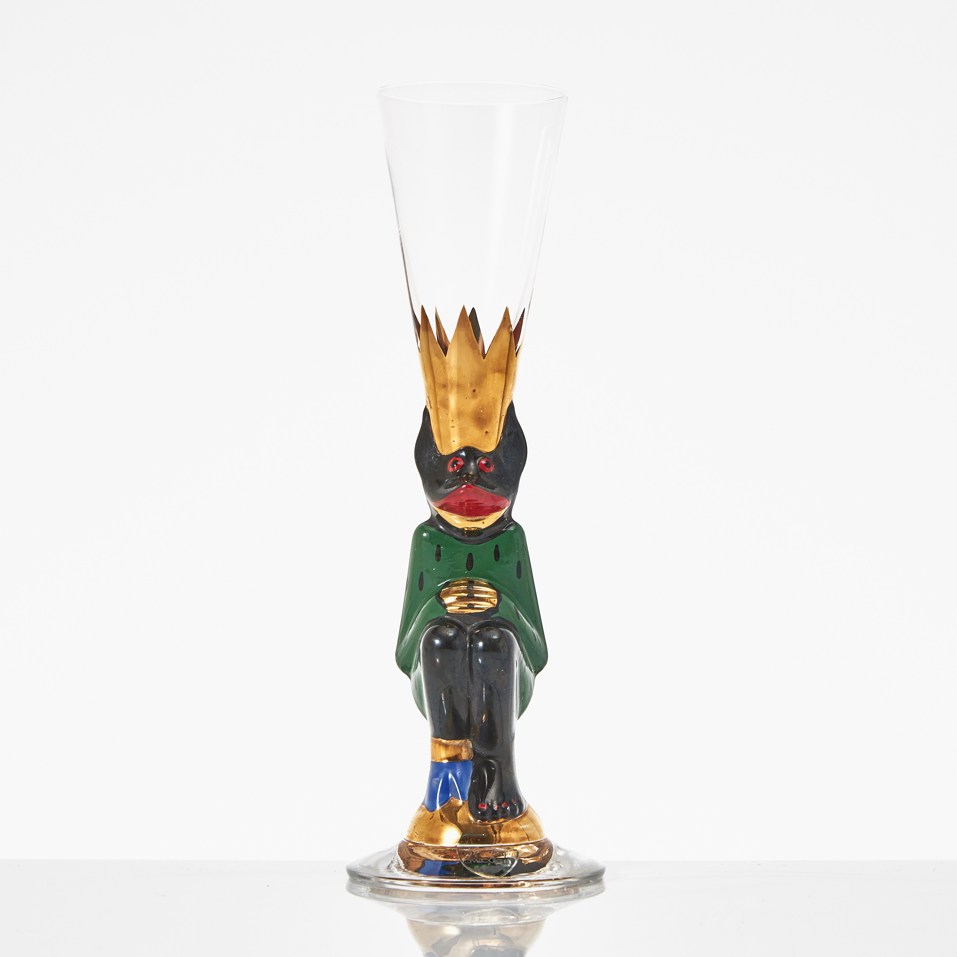 GUNNAR CYRÉN. "Djävul - Nobel", snapsglas, Orrefors, signerat, etikettmärkt, jubileumsutgåva, mörkgrön.