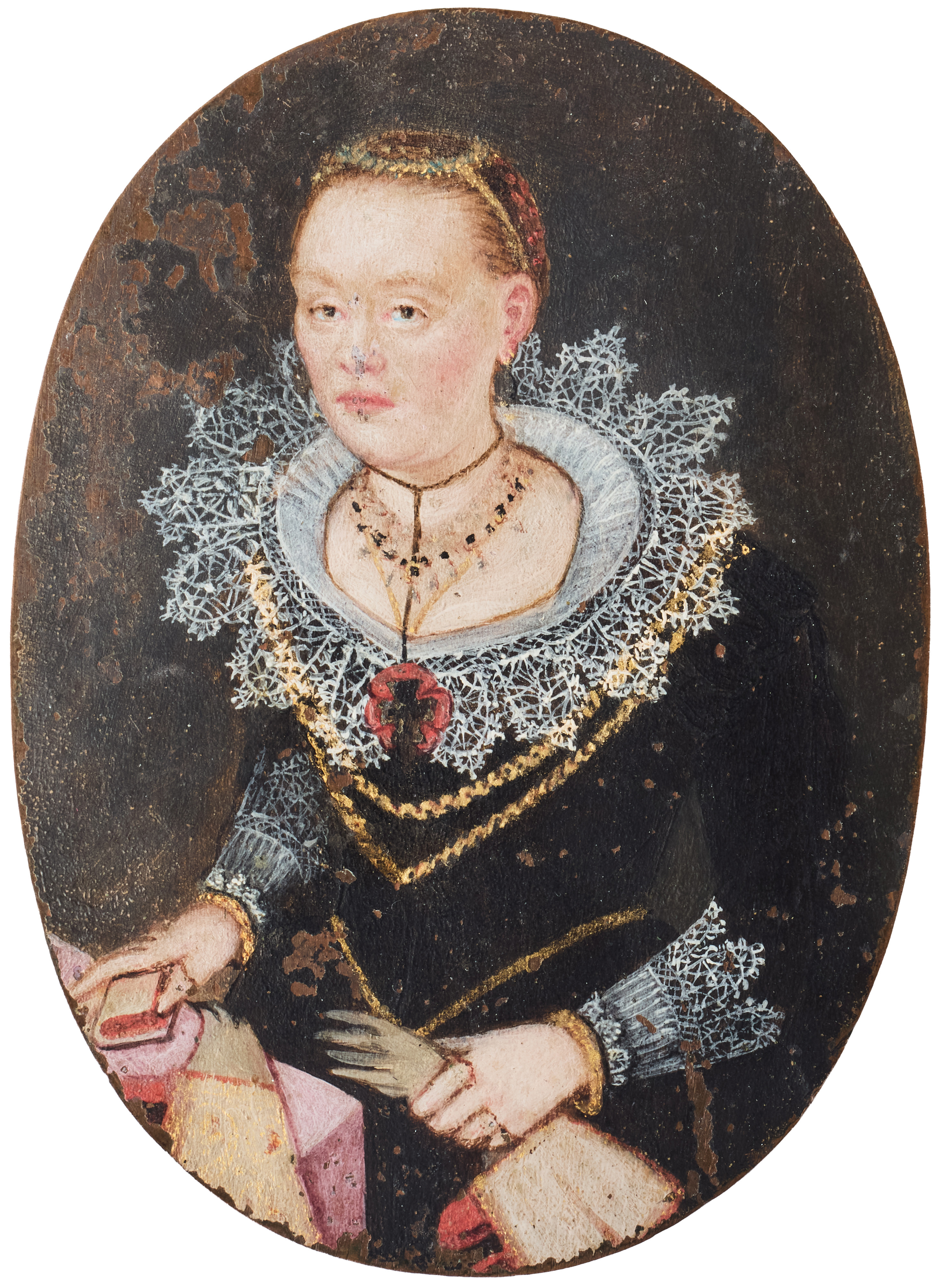 MINIATYRPORTRÄTT, sent 1500-tal/tidigt 1600-tal. Föreställande Karin Göransdotter Gyllenstierna (ca 1533‑före 1605).