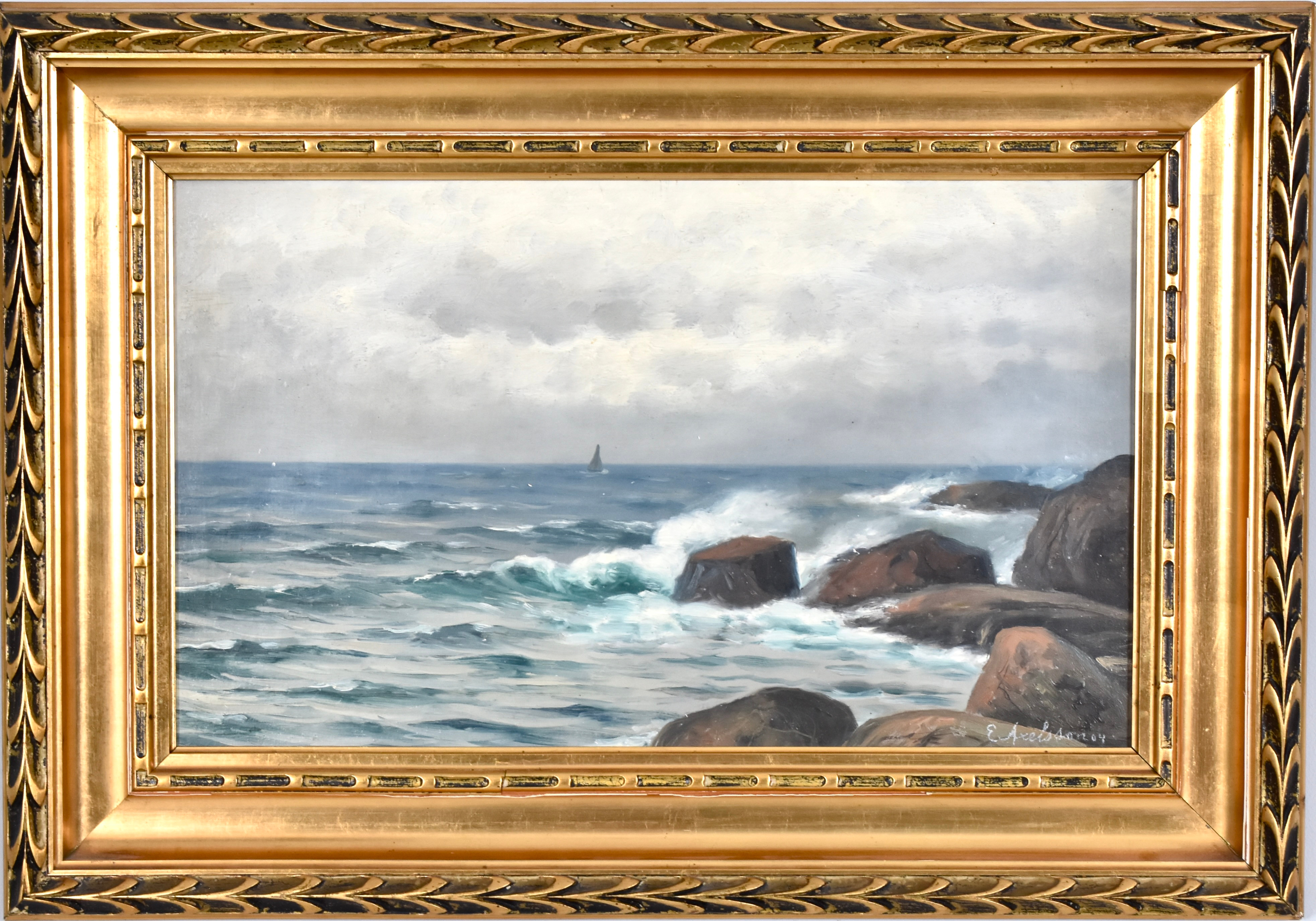 OIDENTIFIERAD KONSTNÄR. oljemålning på duk, kustparti med segelbåt.