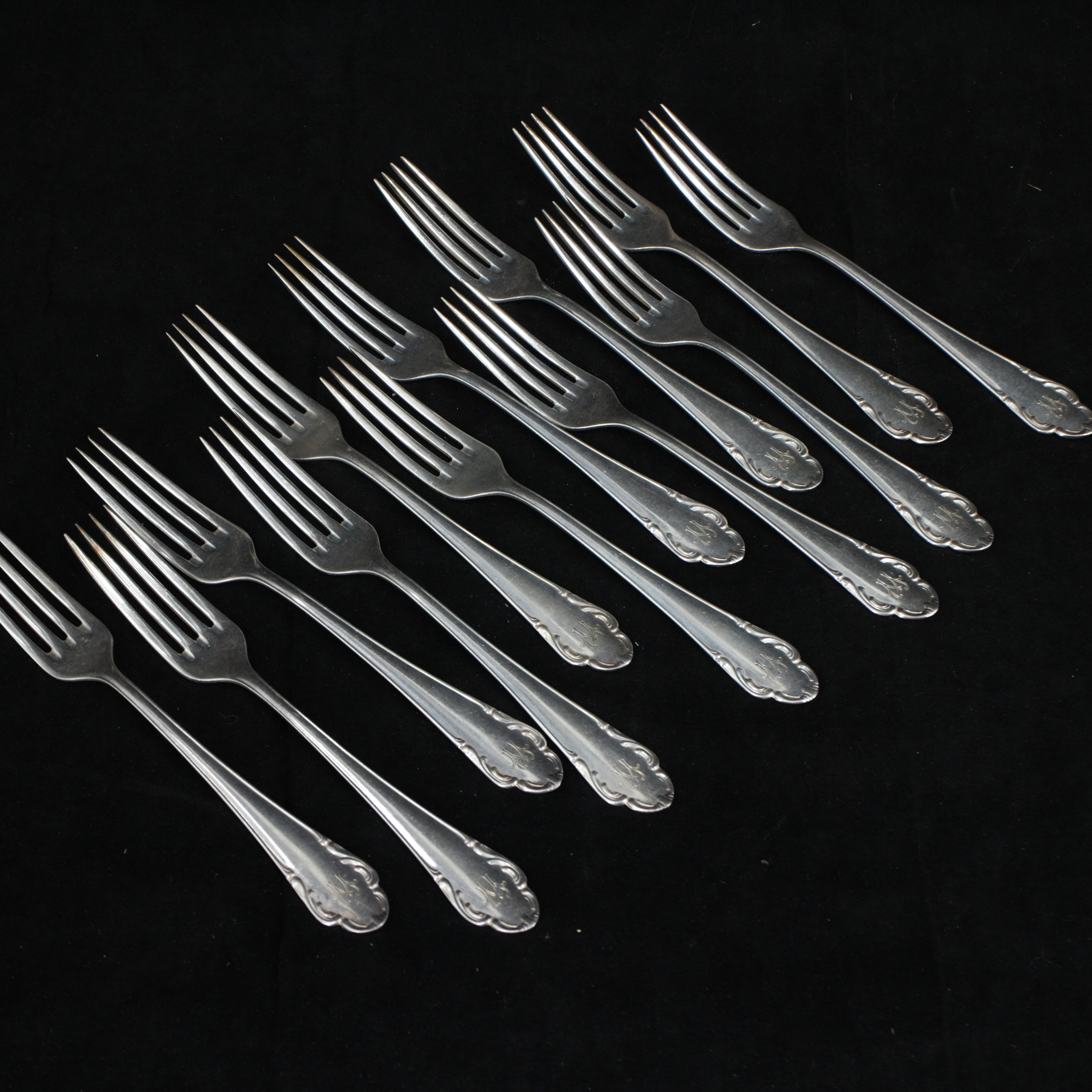 GAFFLAR, 12 st. "Haga", silver, monogram W, Skandia Silver-& Nysilver AB, Stockholm, 1946.