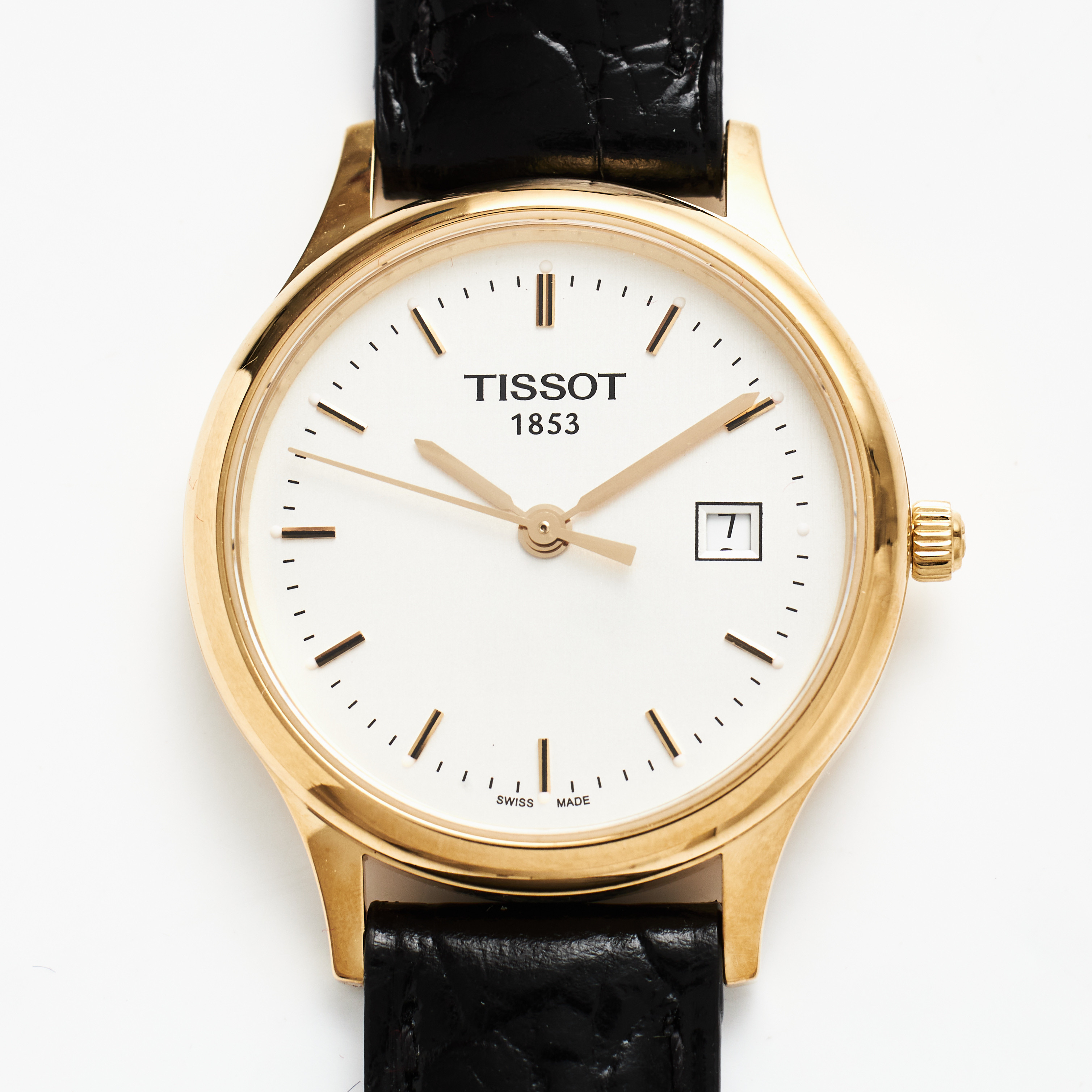 TISSOT, armbandsur, 18 k guld, quartz, datum, safirglas, svart krokopressat läderarmband.
