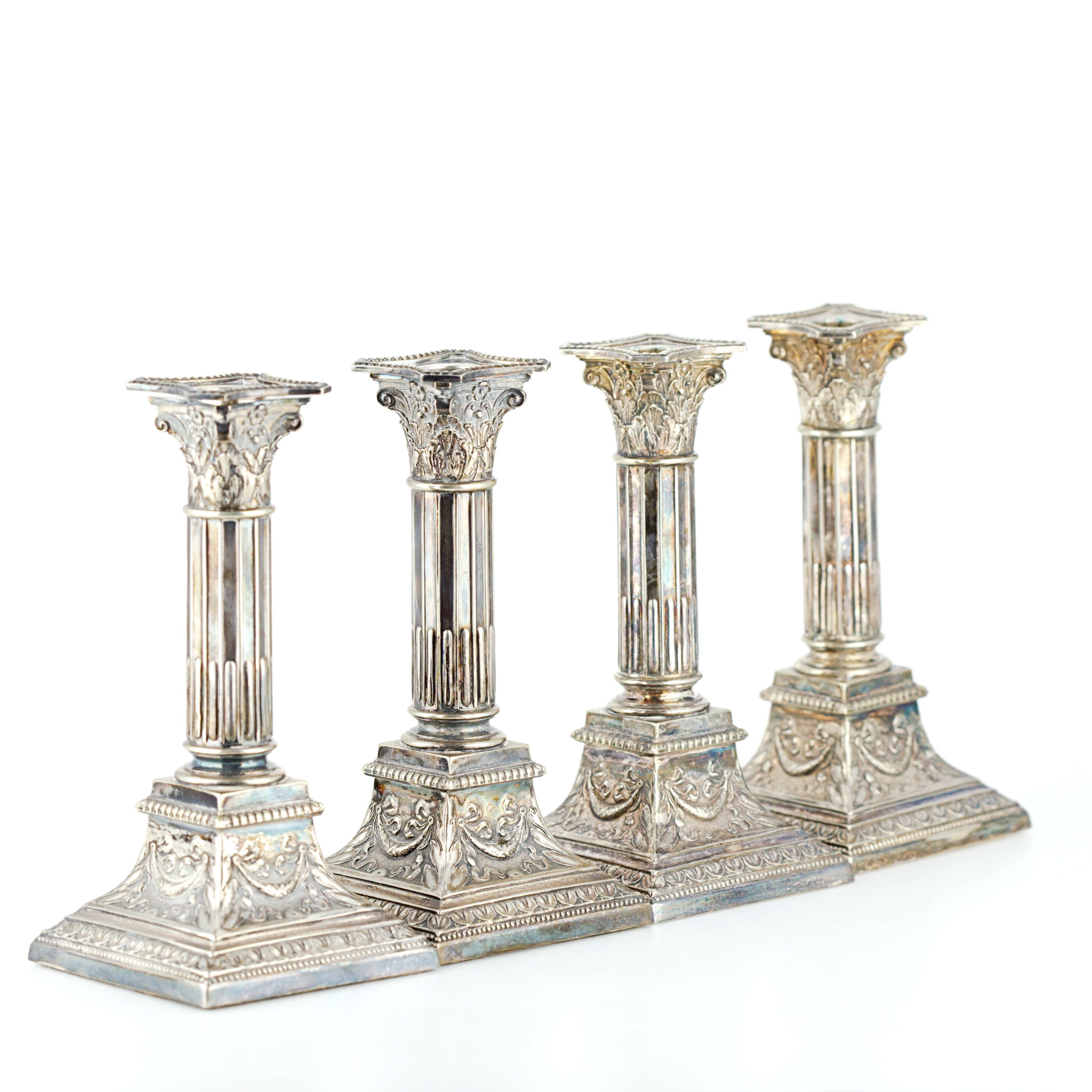 LJUSSTAKAR, 4 st. gustaviansk stil, nysilver, A.G. Dufva, Stockholm, 1900-talets mitt.