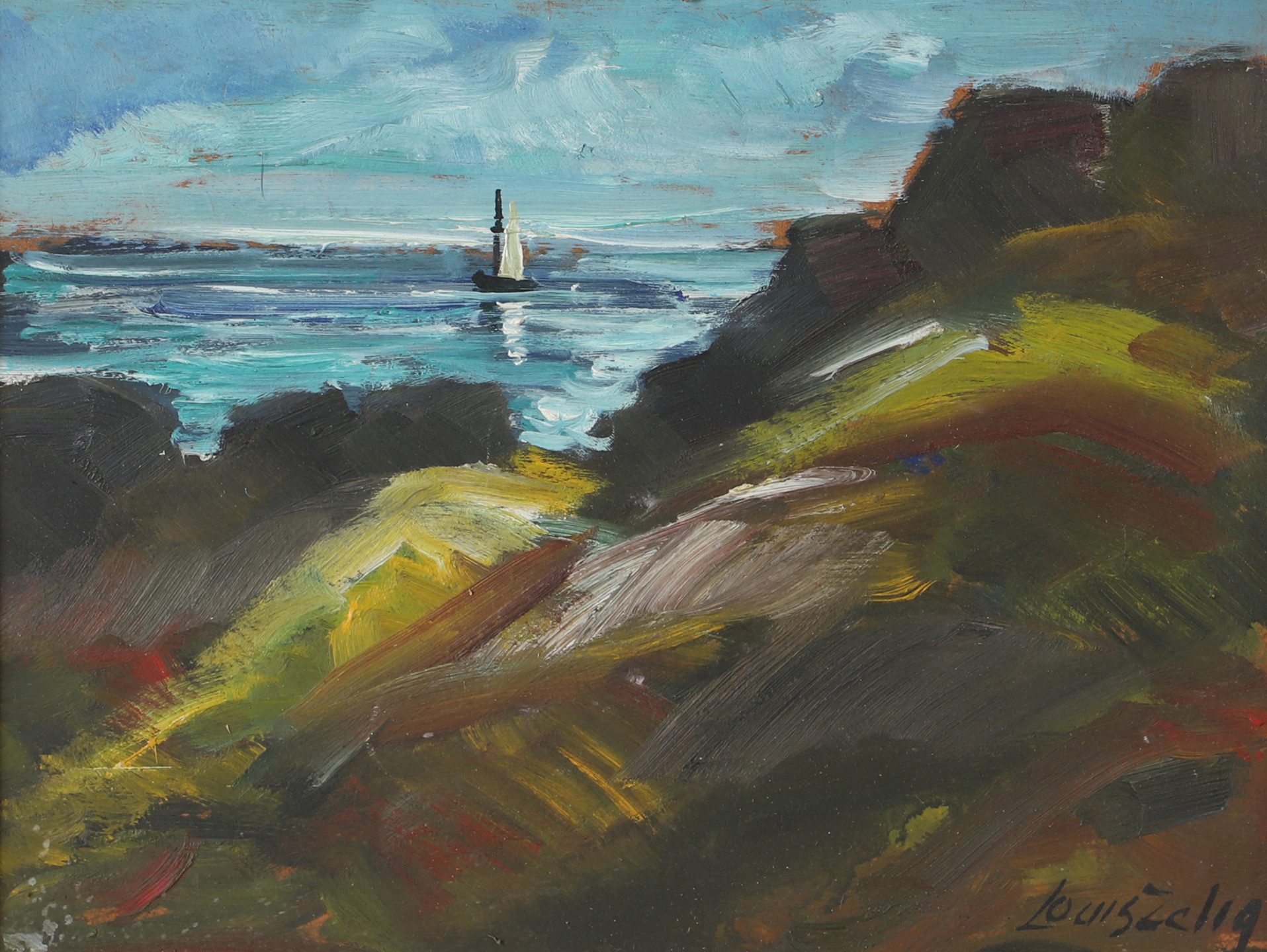 LOUIS ZELIG. Kustparti med båt, olja på pannå, signerad.