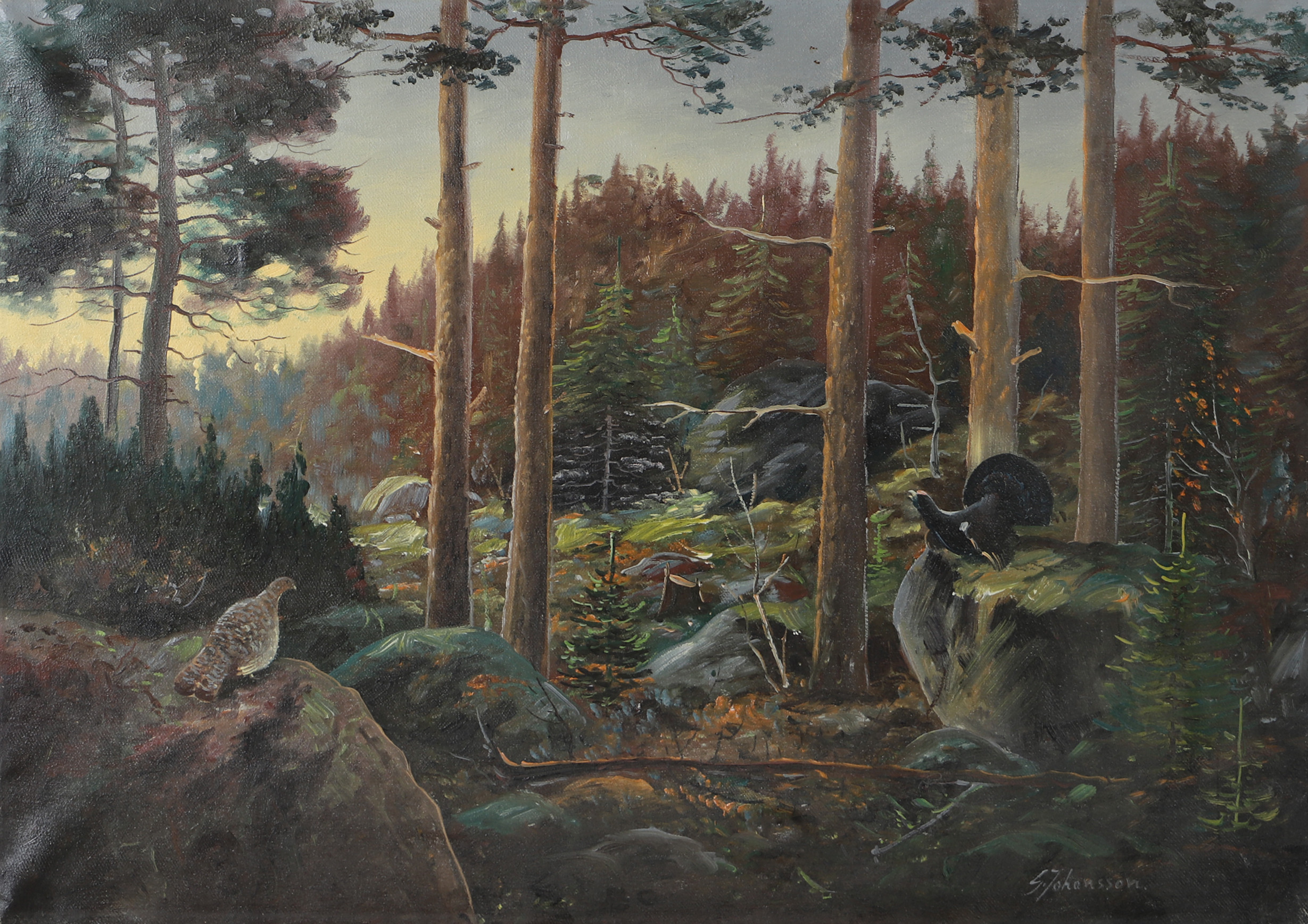 OIDENTIFIERAD KONSTNÄR. Skogsparti med fåglar, olja på duk, signerad Johansson.