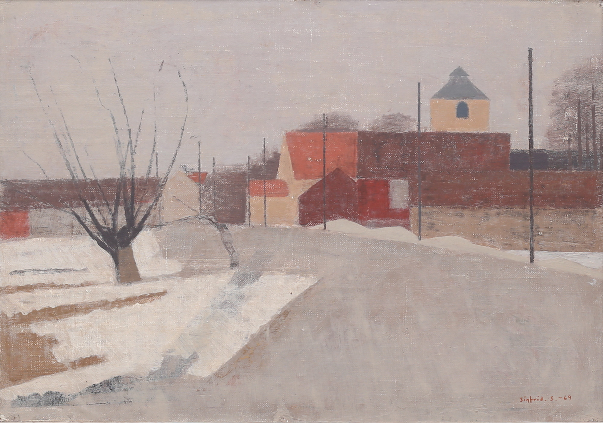 SIGFRID  SÖDERGREN. Bygata, vintertid. Olja på duk, uppfodrad på pannå, signerad och daterad -69.