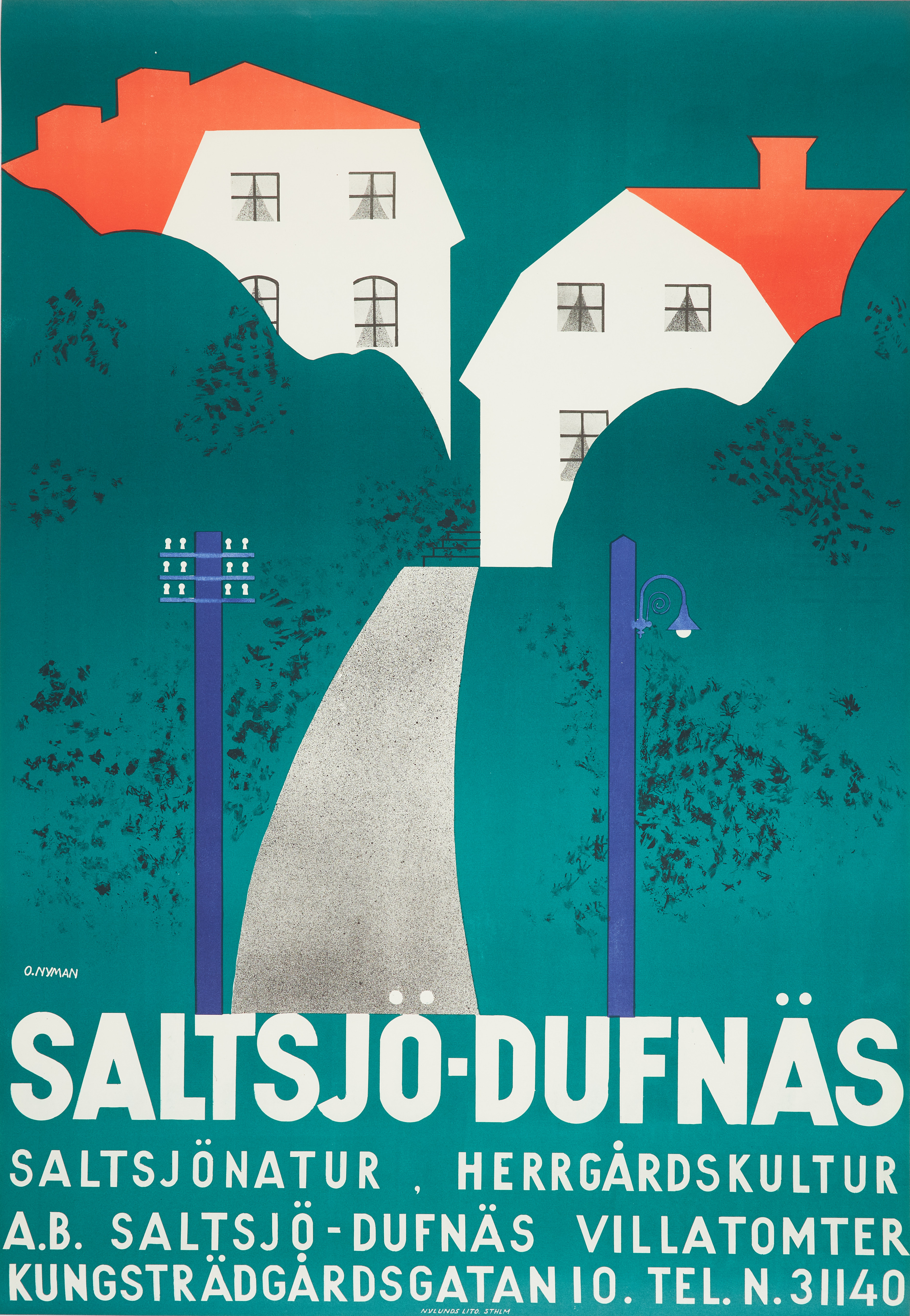OLLE NYMAN. "Saltsjö-Dufnäs", AB Saltsjö-Dufnäs Villa Tomter, litografi, 1930 tal.