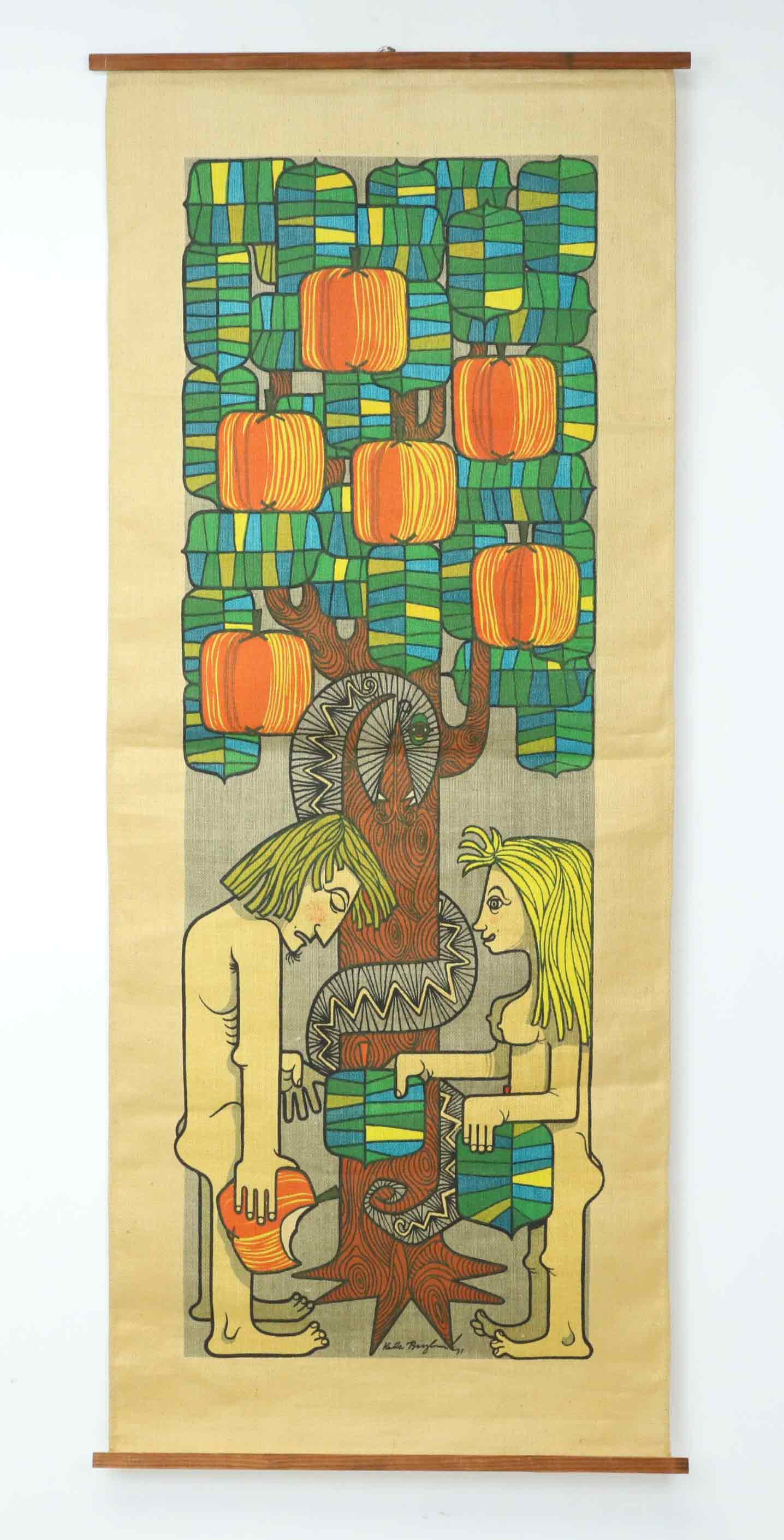 KALLE BERGLUND. väggtextil, Eva & Adam i paradiset, signerad, daterad 1971.