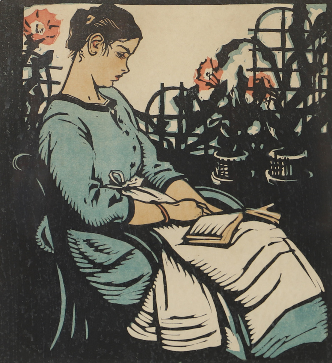 CARL O. PETERSEN. TILLSKRIVEN. Flicka vid fönster, träsnitt, otydligt signerad.